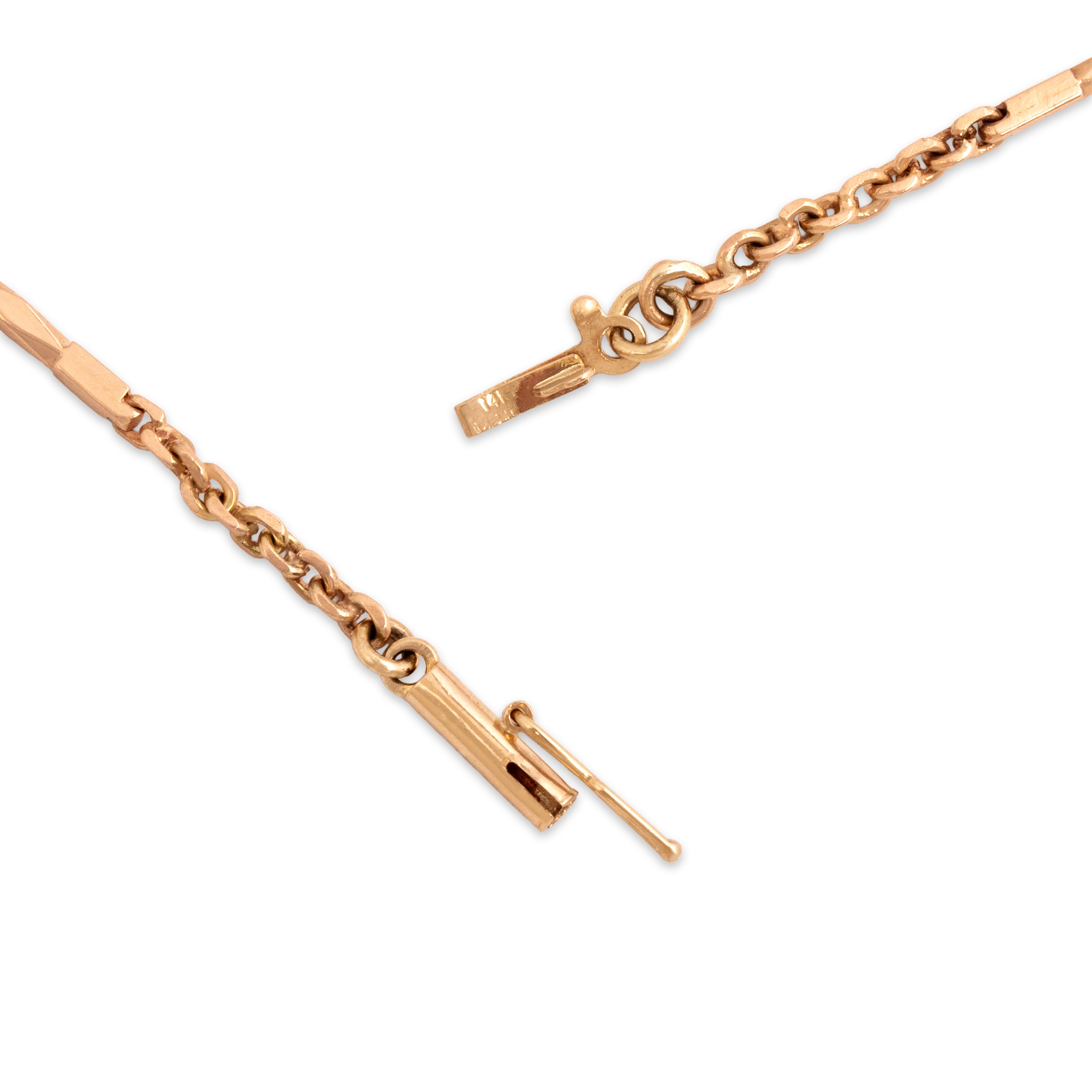 Vintage 14k Rosy Yellow Gold 2.3mm (Cable Links), 1.5mm (Bar Links) Elegant Long Geometric Bar & Cable Link Chain - clasp view