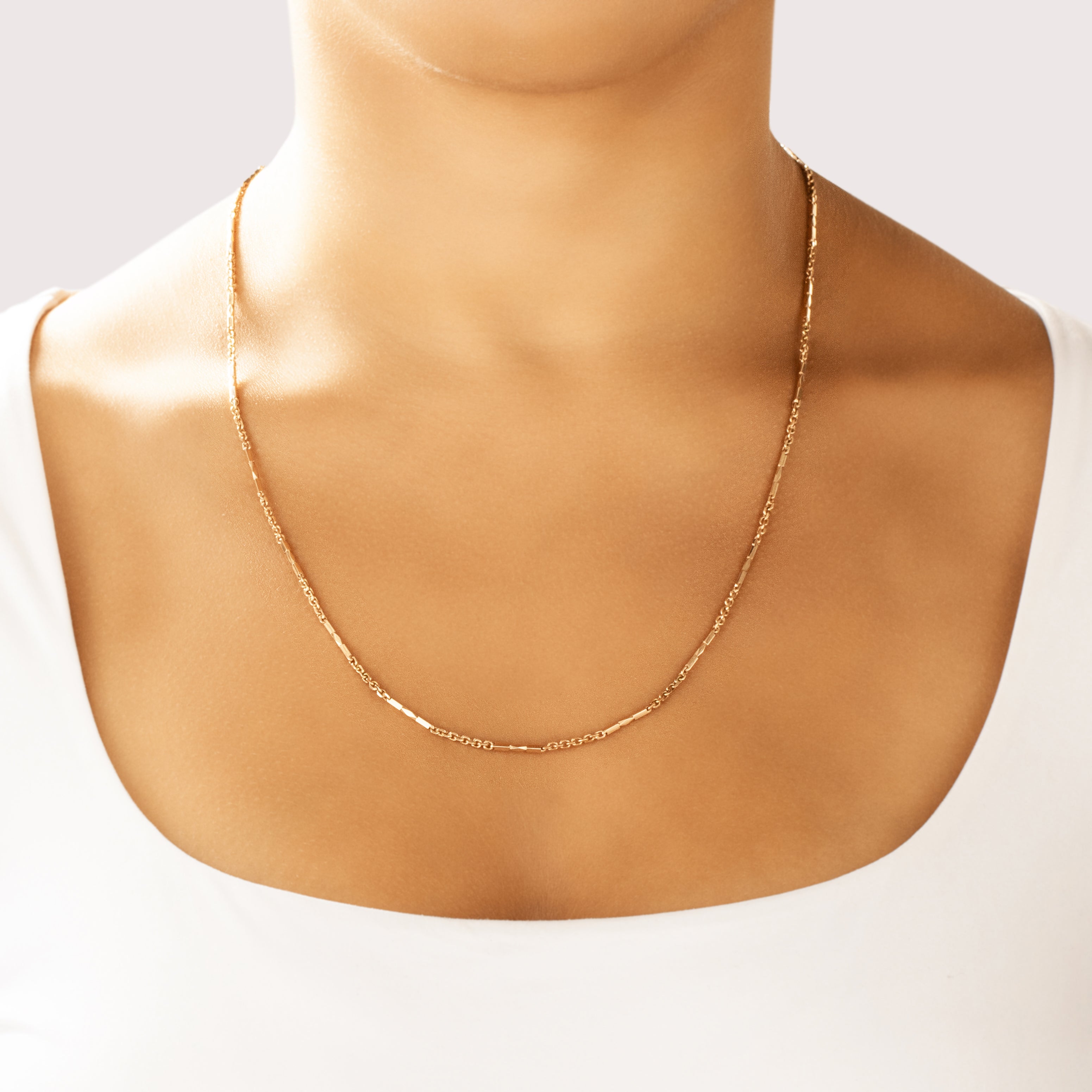 Vintage 14k Rosy Yellow Gold 2.3mm (Cable Links), 1.5mm (Bar Links) Elegant Long Geometric Bar & Cable Link Chain - On model view