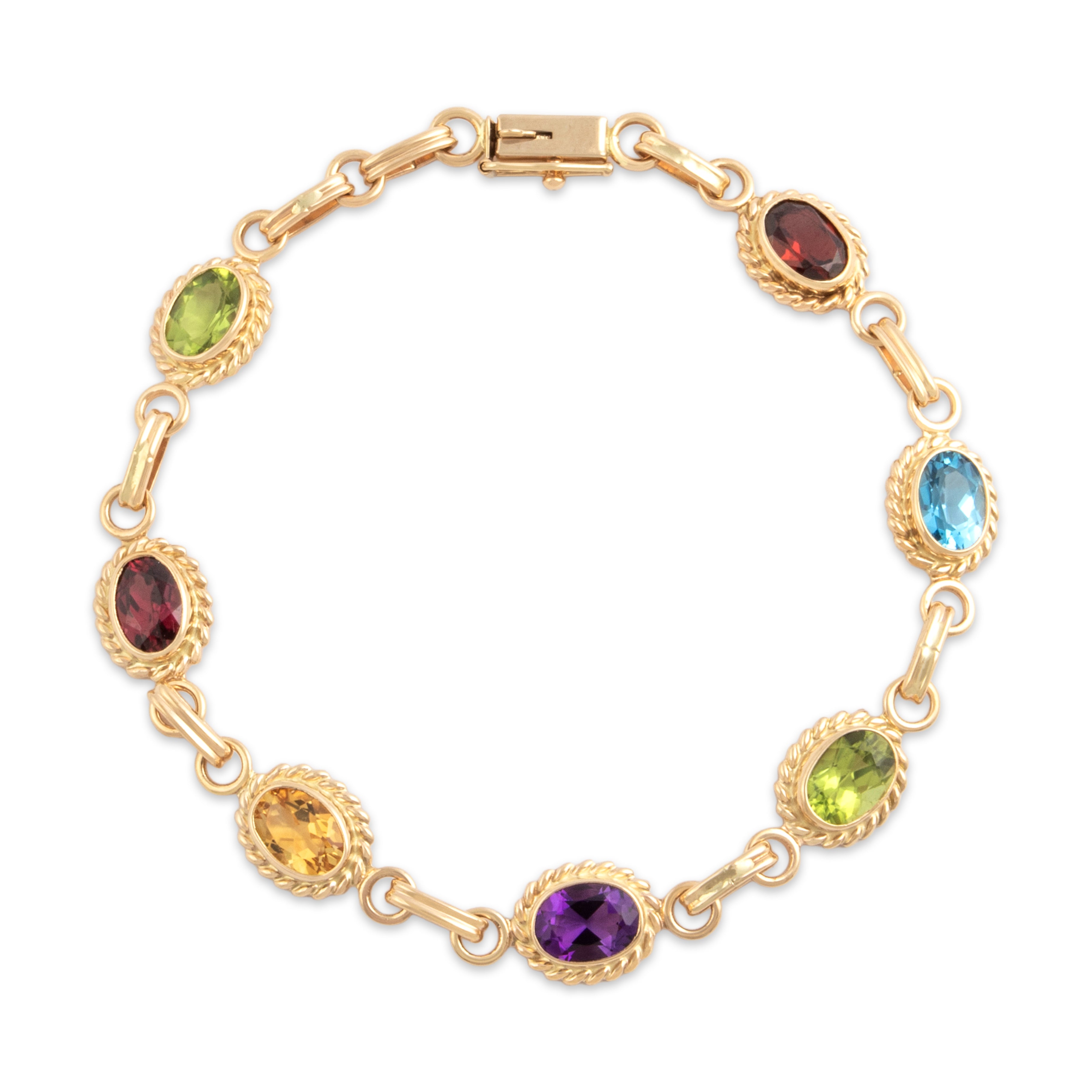 Vintage 14k Yellow Gold 1.71cttw Red Pink Garnet 1.64cttw Peridot .98ct Blue Topaz .65ct Amethyst .62ct Citrine Rainbow Bracelet - Close-up view