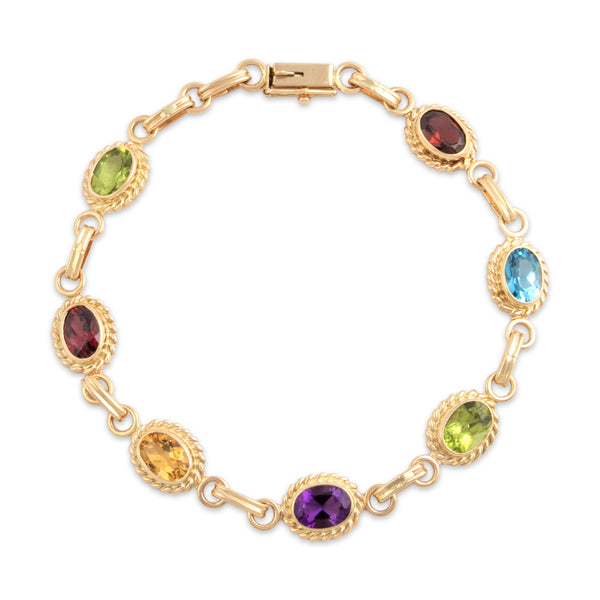 Vintage 14k Yellow Gold Multistone Framed Rainbow Bracelet 6.75