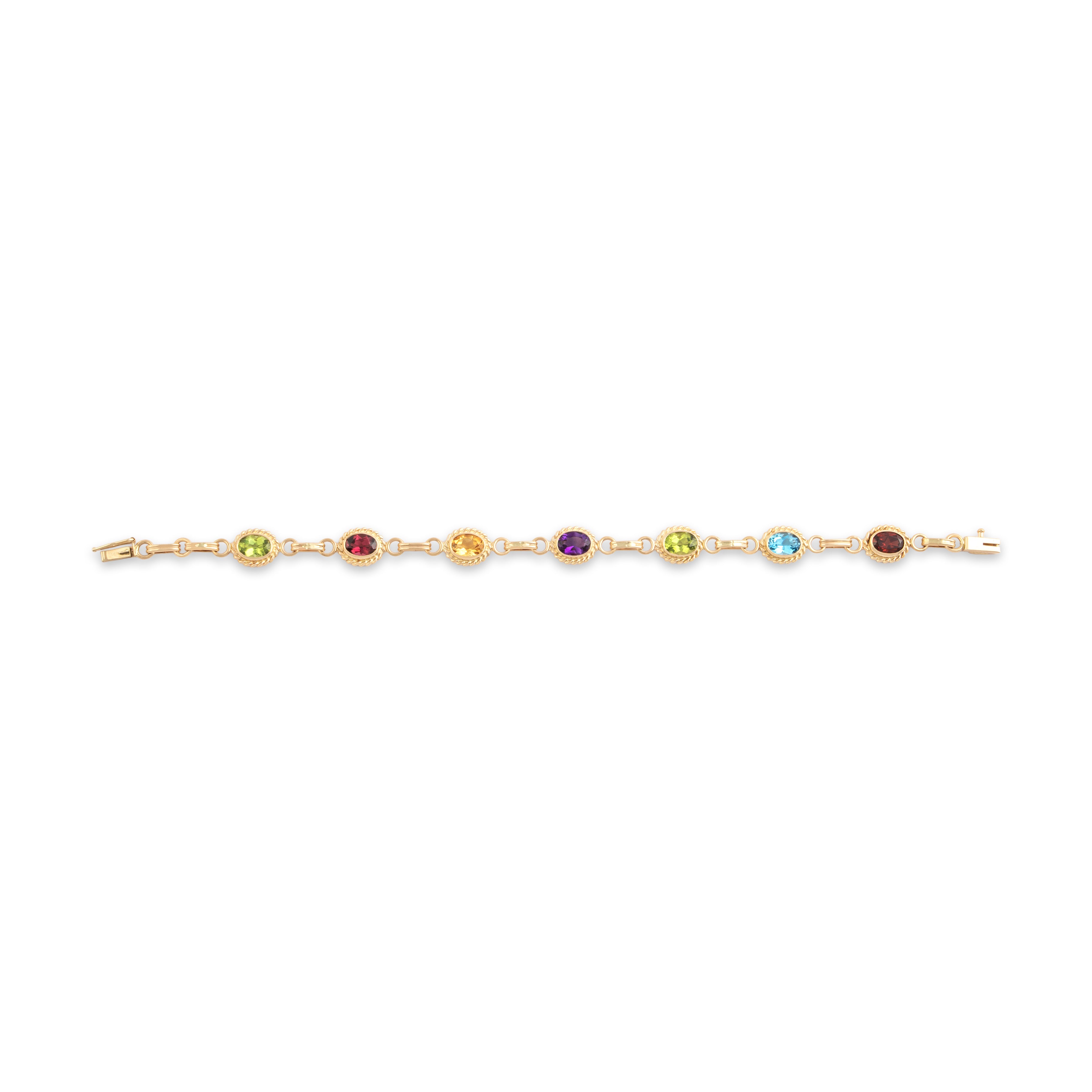 Vintage 14k Yellow Gold 1.71cttw Red Pink Garnet 1.64cttw Peridot .98ct Blue Topaz .65ct Amethyst .62ct Citrine Rainbow Bracelet - Overall view