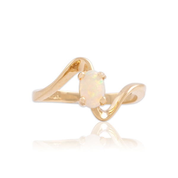 Vintage 14k Yellow Gold Opal Swirling Cabochon Solitaire Ring 4.75