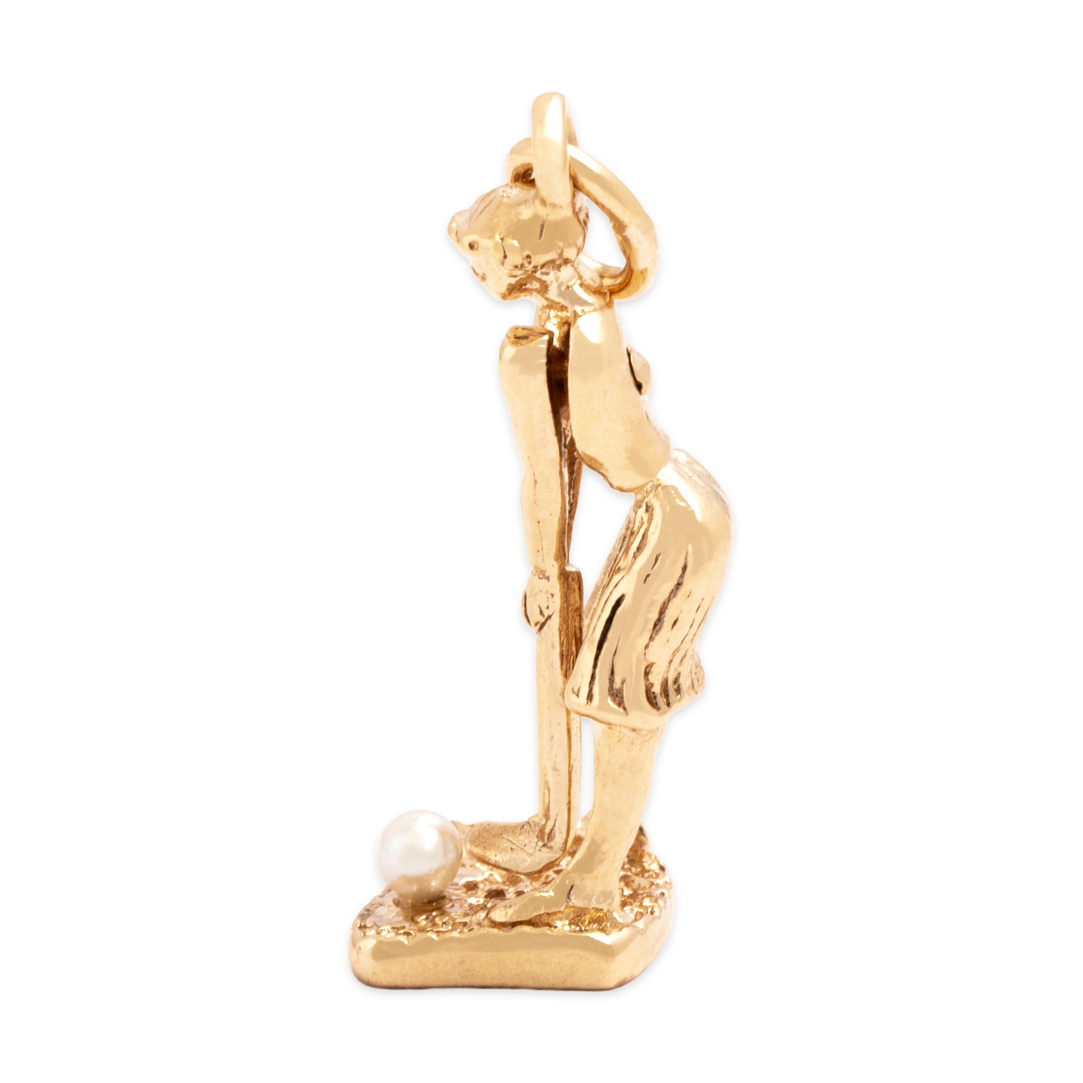 Vintage 14k Yellow Gold Pearl Delightful Swinging Golfer Charm / Pendant