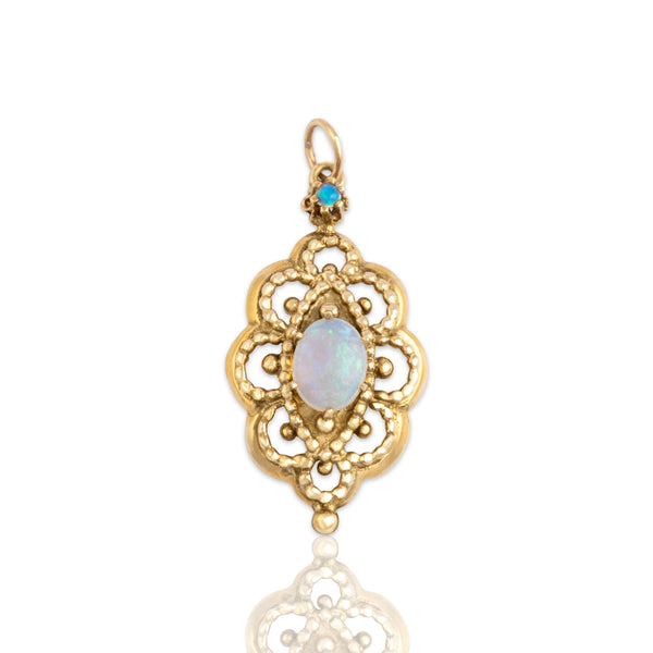 Vintage 14k Yellow Gold Opal Luminous Cable Framed Cabochon Pendant