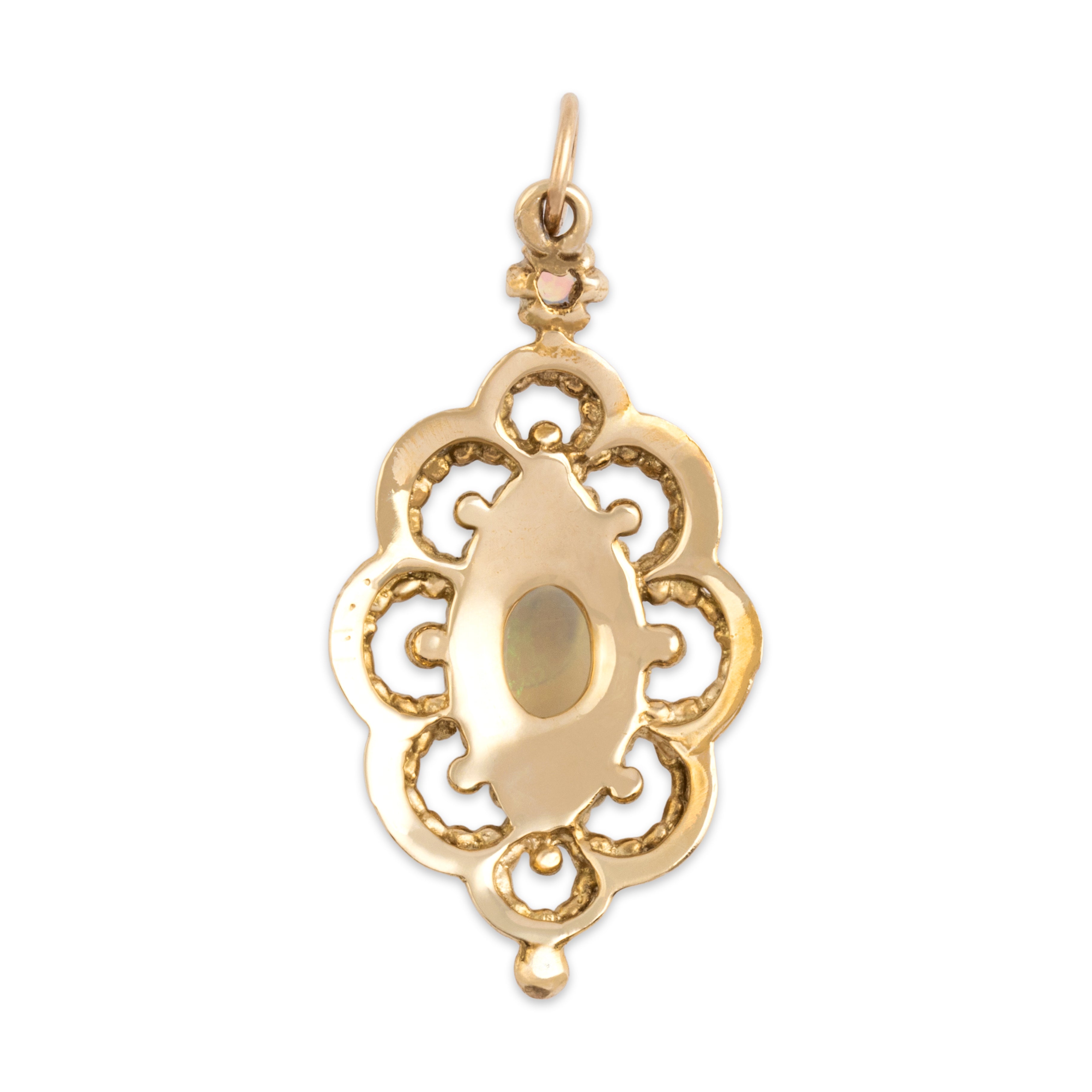 Vintage 14k Yellow Gold Opal Luminous Cable Framed Cabochon Pendant - Back view