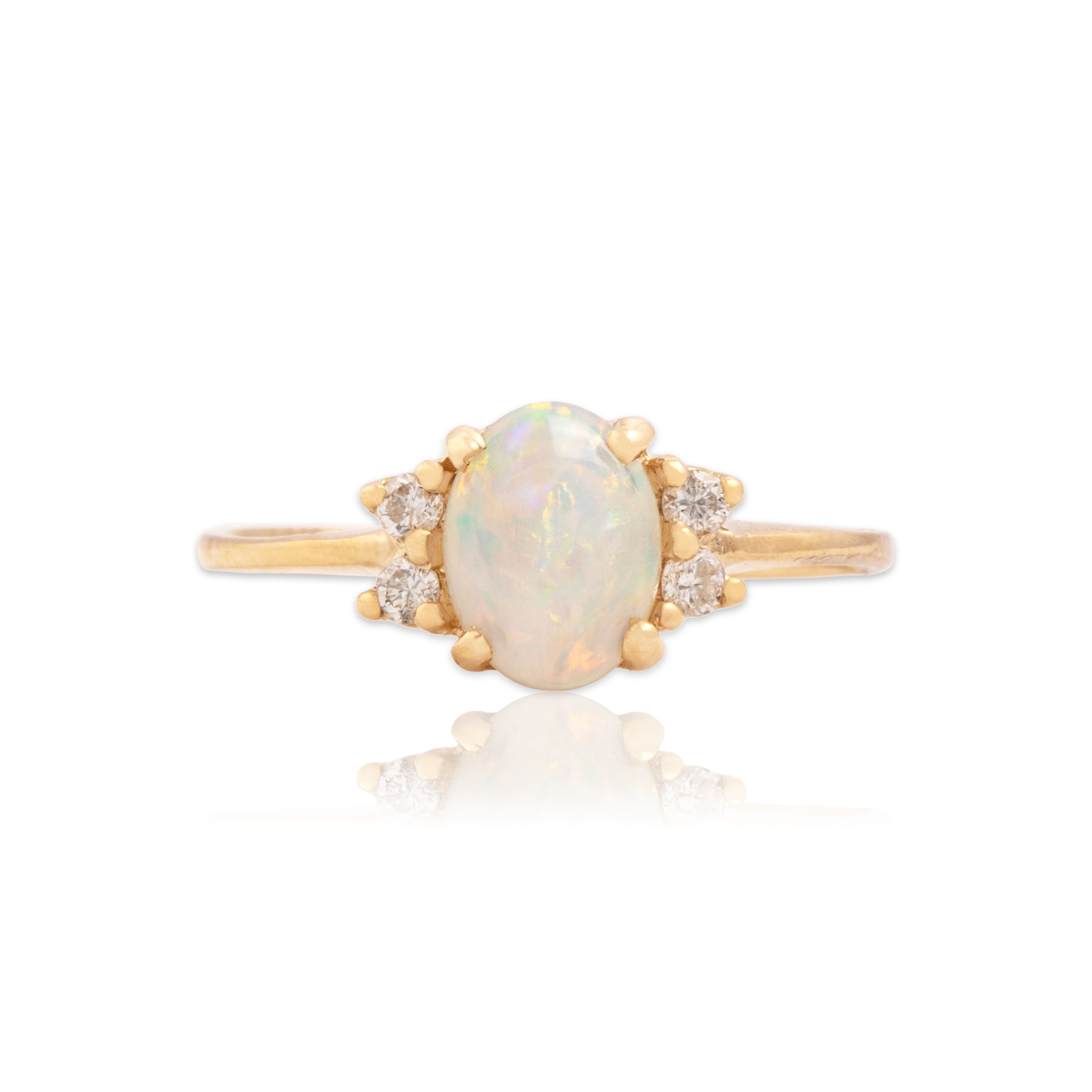 Vintage 14k Yellow Gold .55ct Opal Diamond Adorned Iridescent Cabochon Ring 8.25