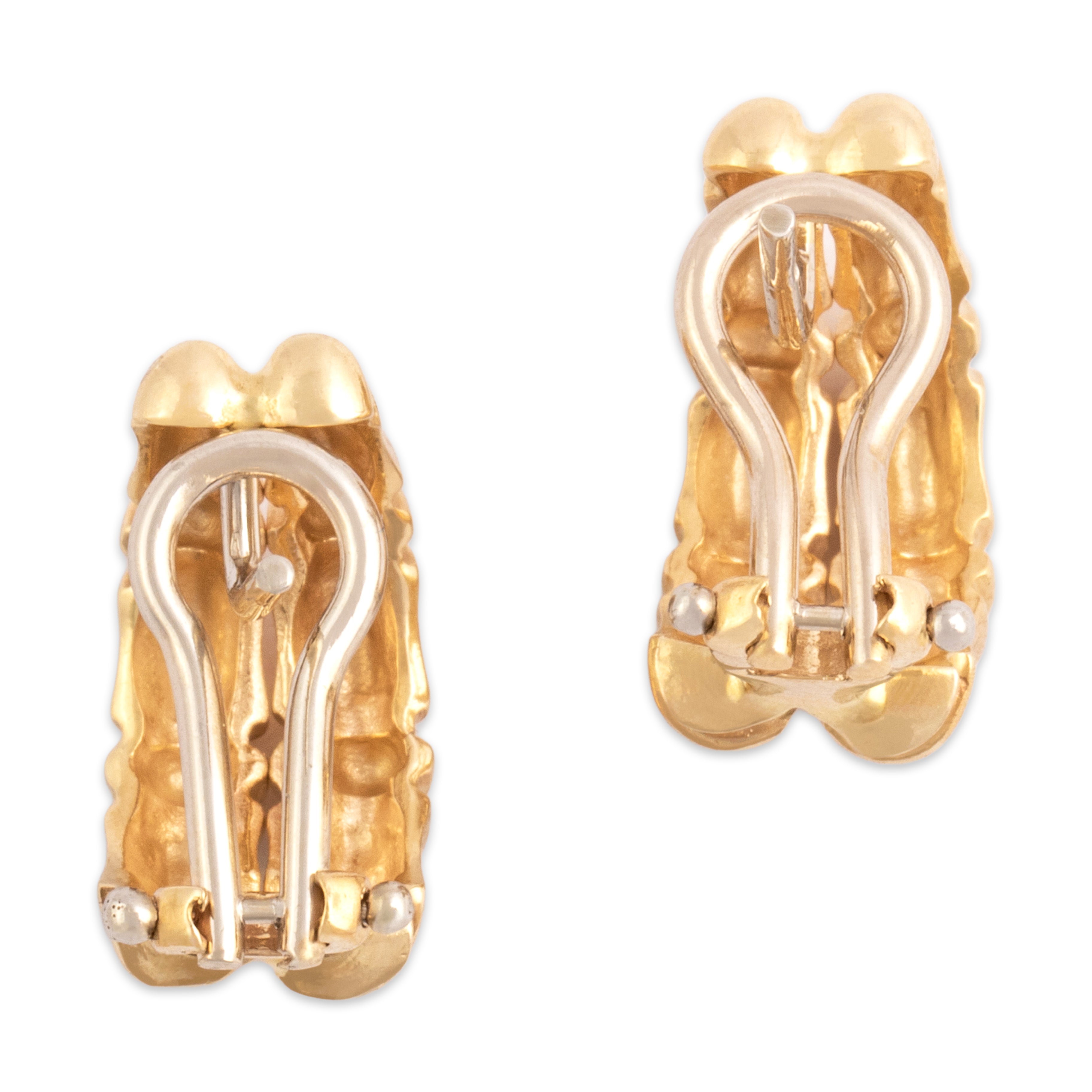 Vintage 14k Yellow Gold Chic Textured Bamboo Omega Back Earrings - Back view