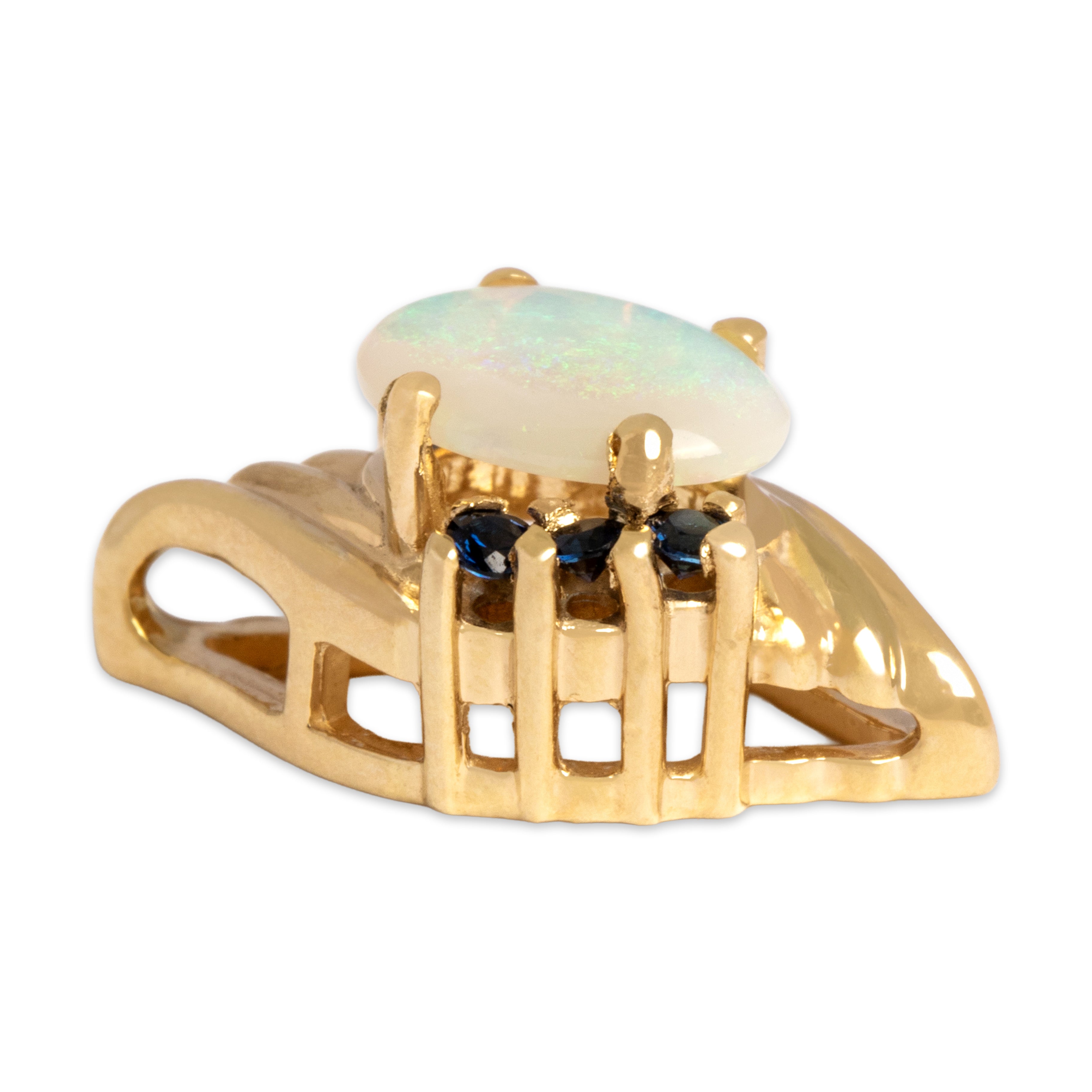 Vintage 14k Yellow Gold .5ct Opal Blue Sapphire Ribbed Accented Cabochon Pendant - Side view