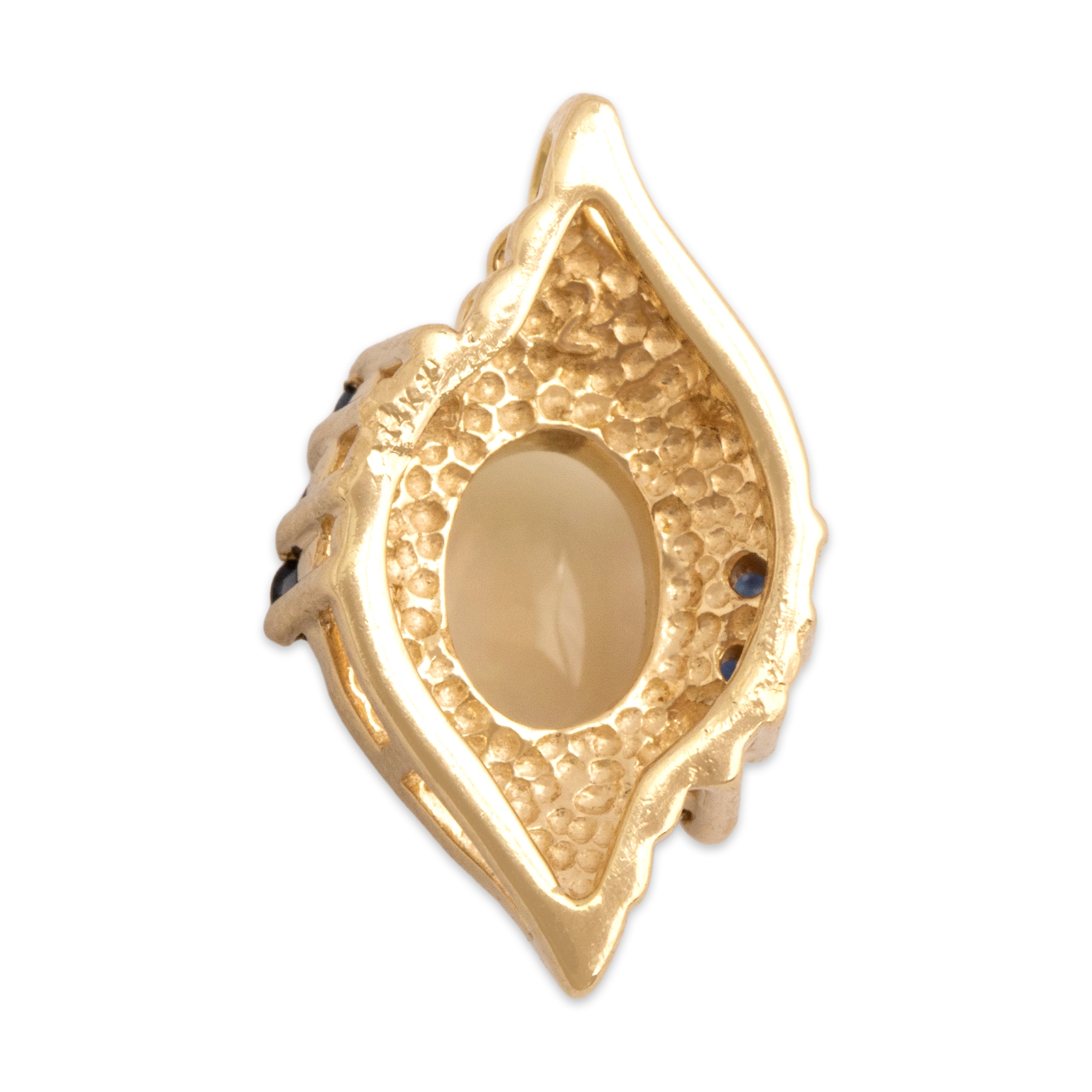 Vintage 14k Yellow Gold .5ct Opal Blue Sapphire Ribbed Accented Cabochon Pendant - Back view