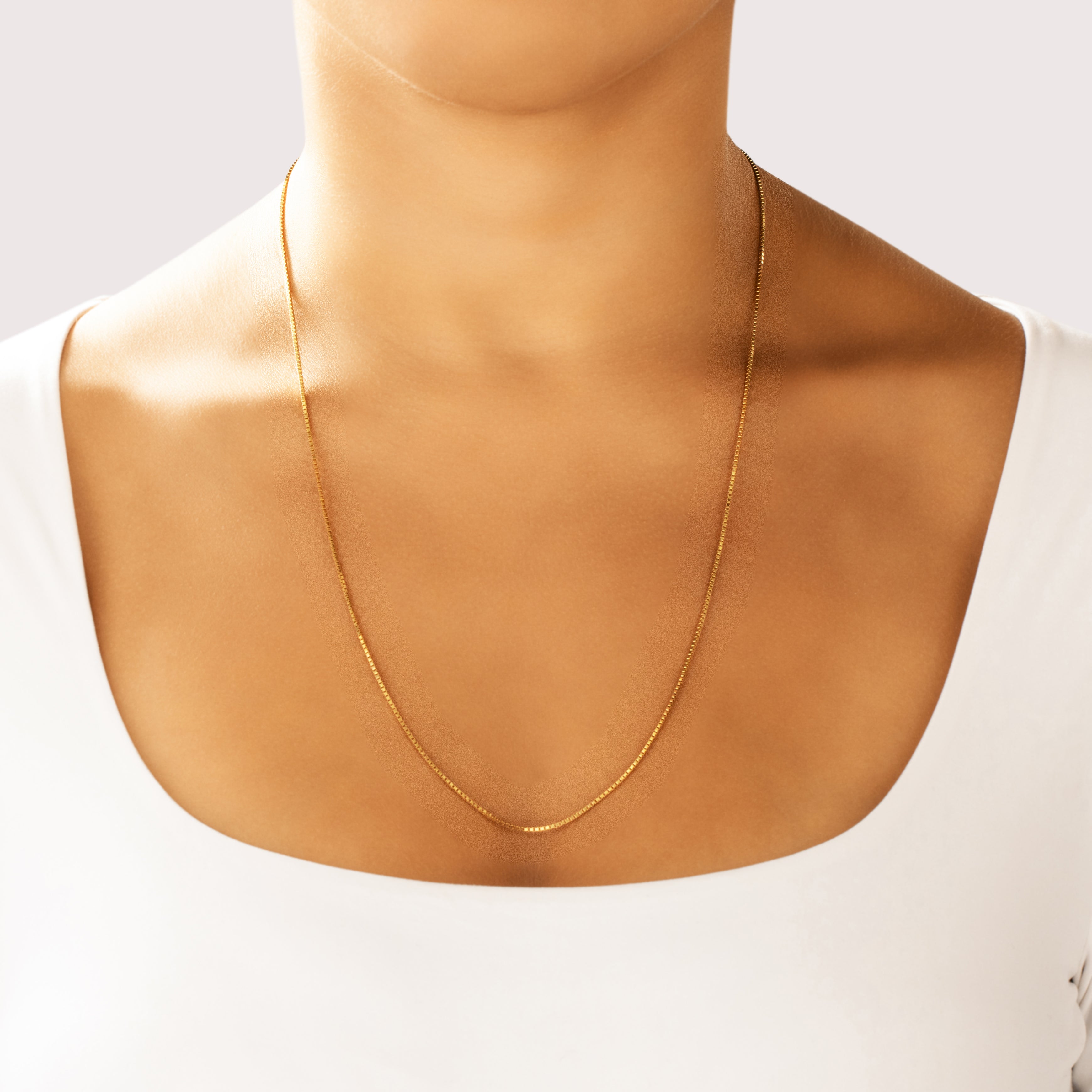 Vintage Italian 14k Yellow Gold 1.05mm Sleek Everyday Box Chain - On model view