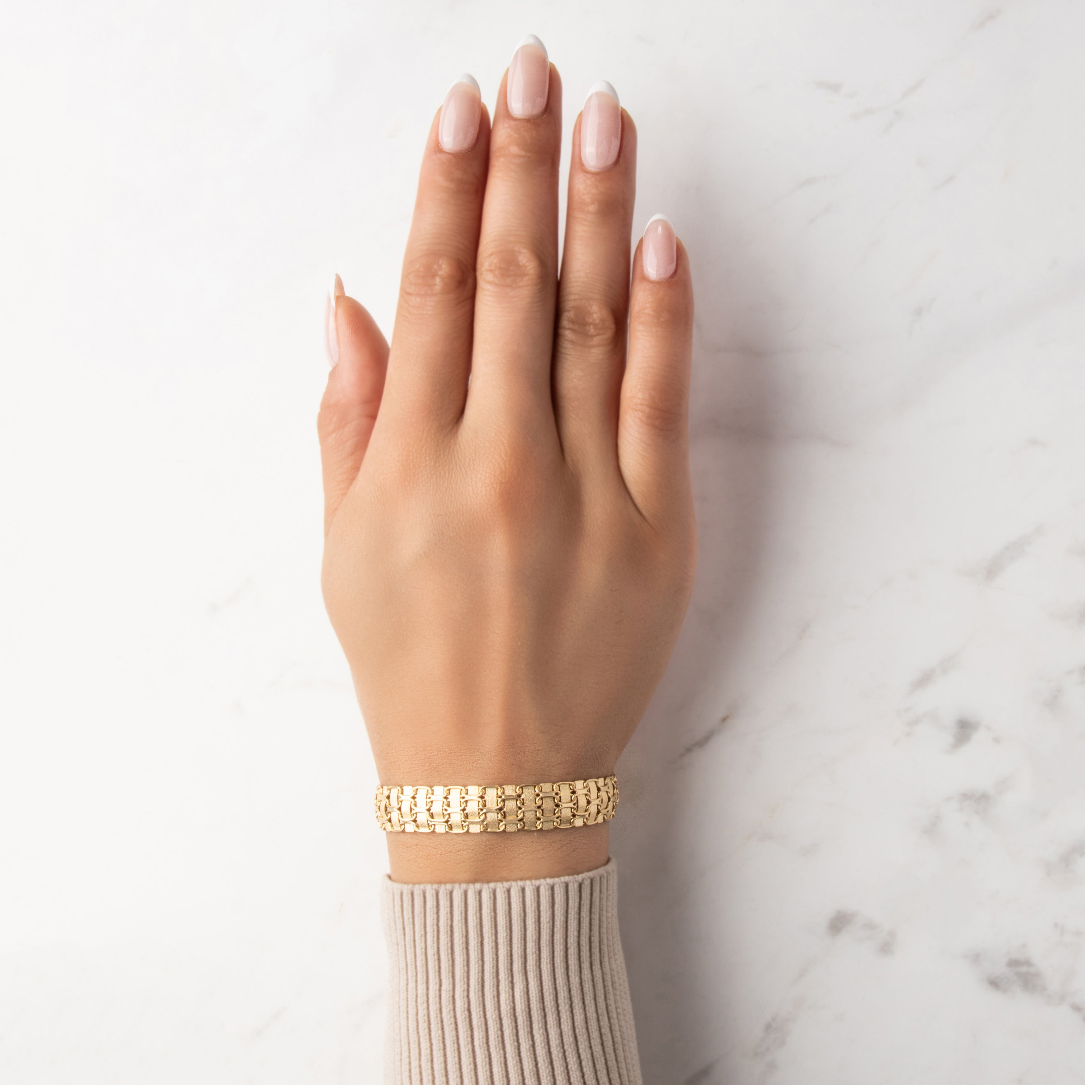 Vintage Italian 14k Yellow Gold Impressive Woven Multi-Texture Bracelet - On model view