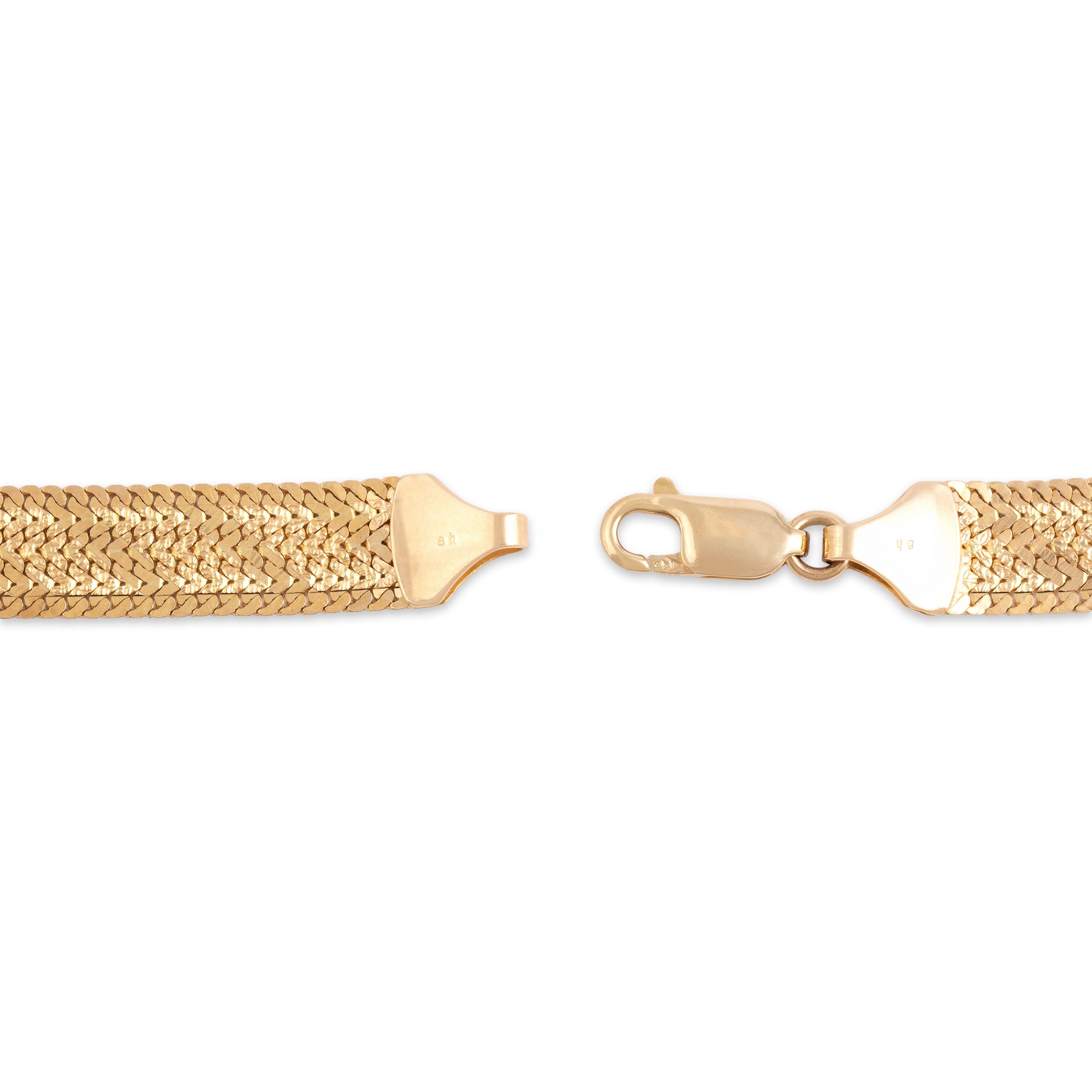 Vintage Italian 14k Yellow Gold Flashing Patterned Diagonal Flat Link Bracelet - clasp view
