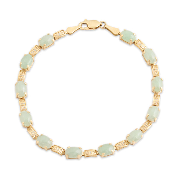 Vintage 14k Yellow Gold 7.08cttw Jade Greek Key Detail Link Bracelet - Close-up view