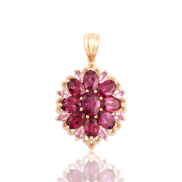 Vintage 10k Yellow Gold 4.86cttw Pink Garnet Pink Sapphire Bright Floriform Pendant