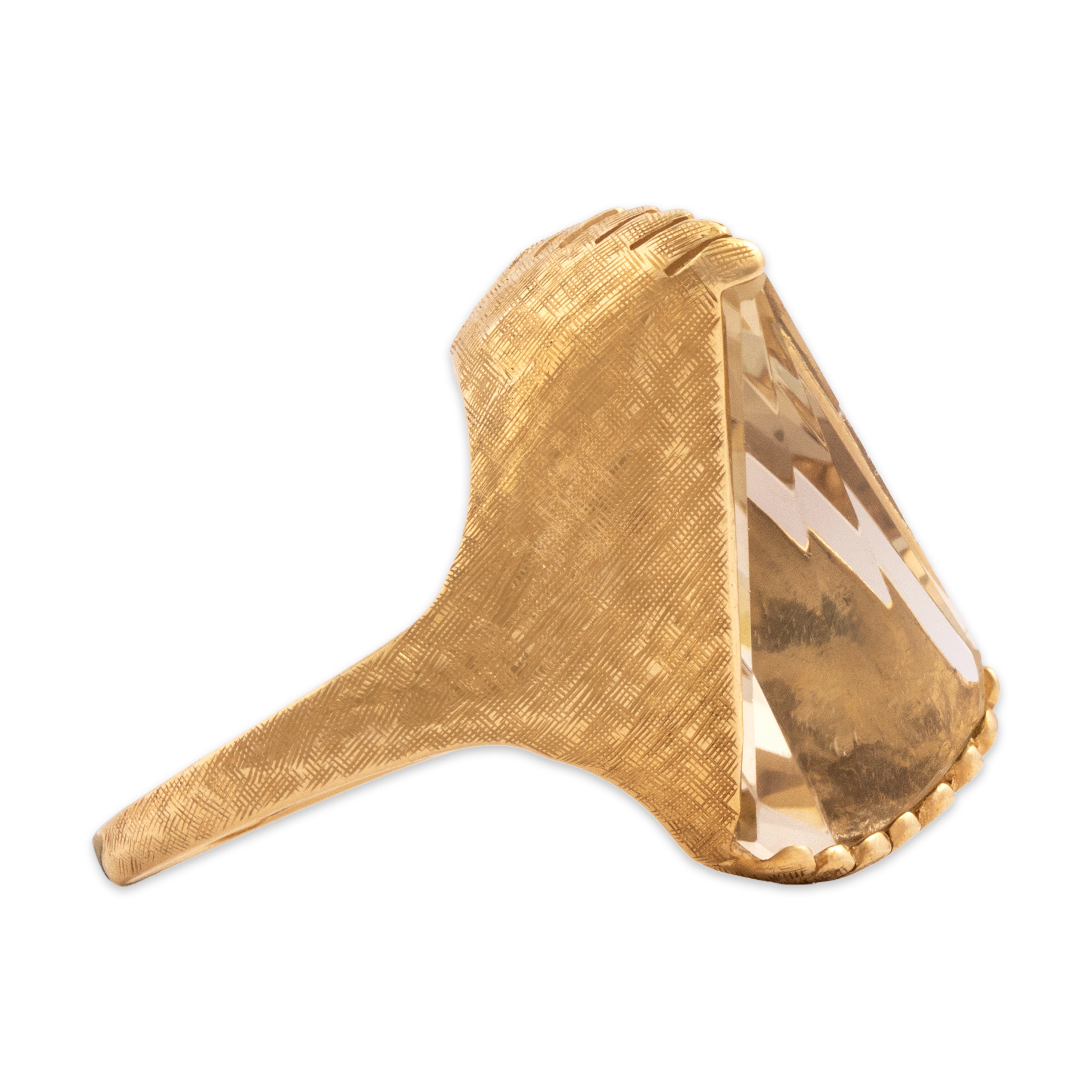 Vintage 14k Yellow Gold 16.02ct Smoky Citrine Unusual Striking Textured Cocktail Ring - Side view
