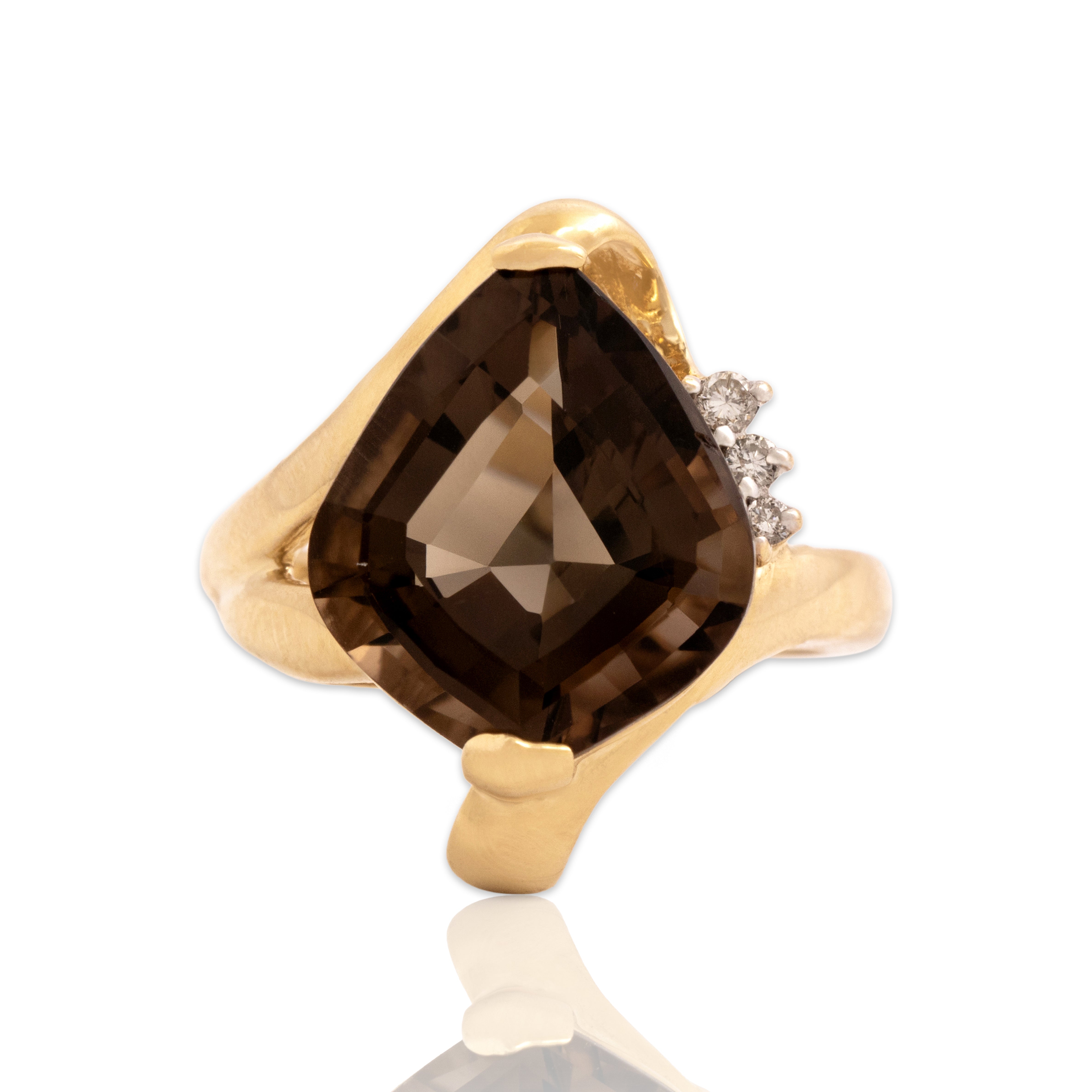 Vintage 14k Yellow Gold 3.87ct Smoky Quartz Diamond Striking Accented Kite Cocktail Ring - Close-up view