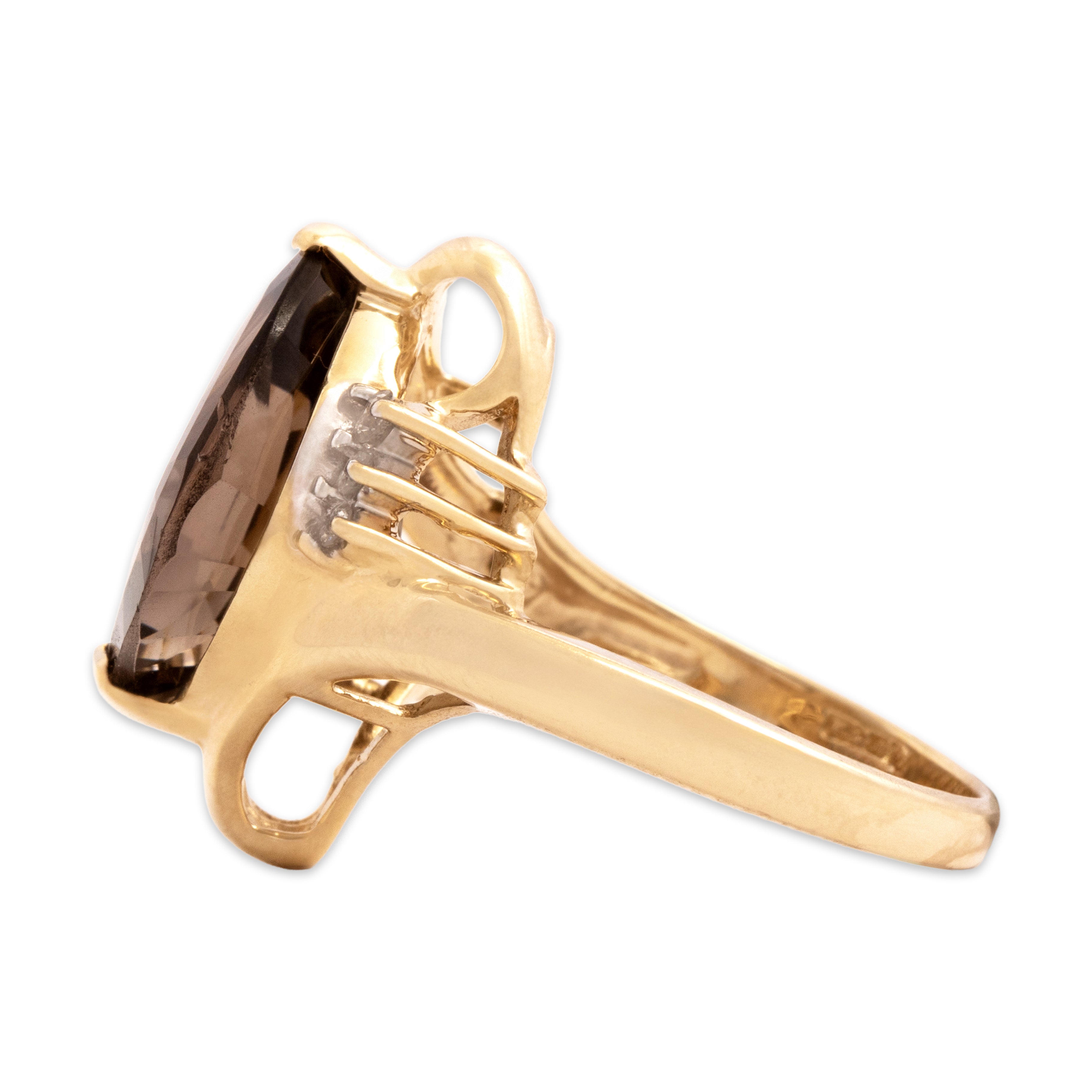 Vintage 14k Yellow Gold 3.87ct Smoky Quartz Diamond Striking Accented Kite Cocktail Ring - Side view