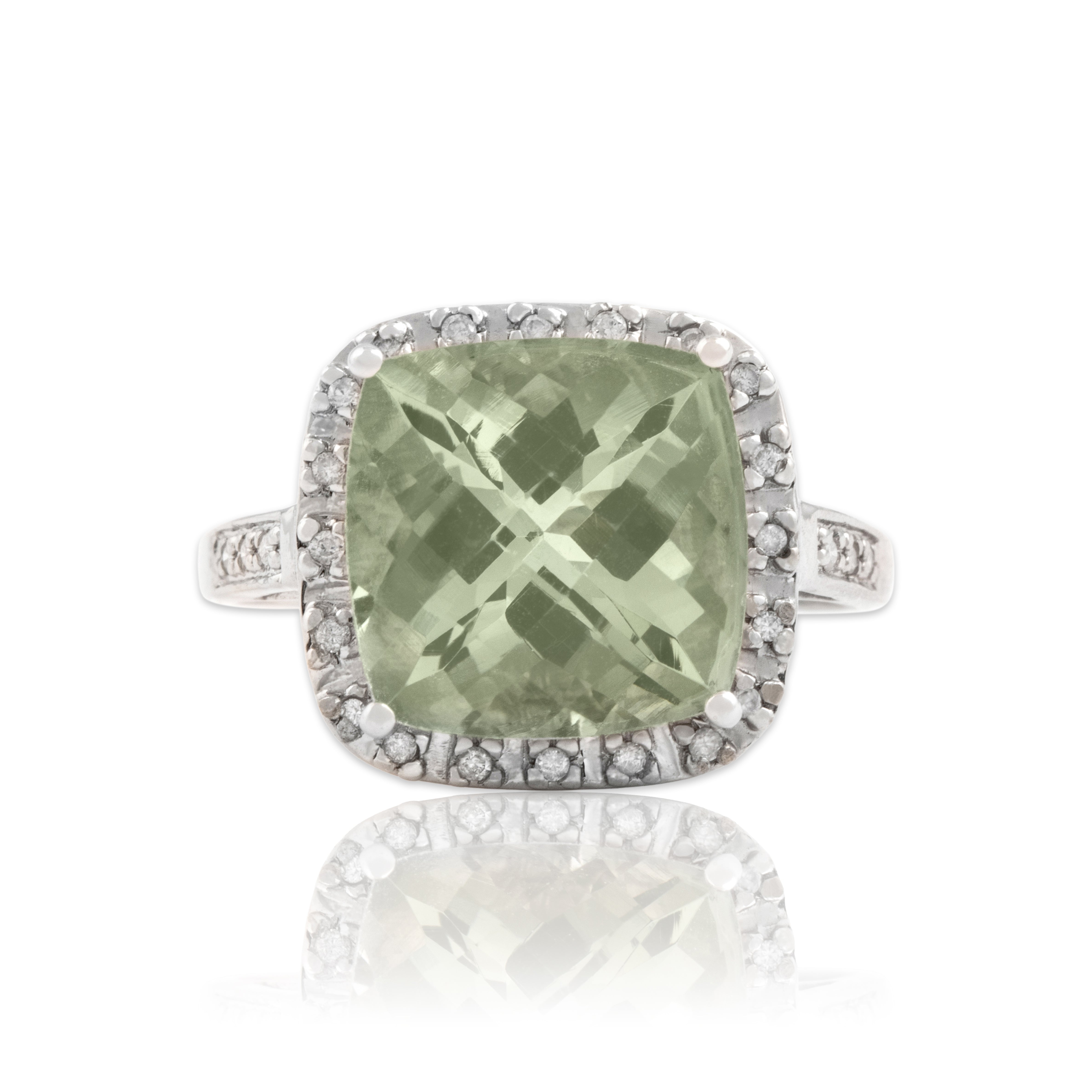 Vintage 14k White Gold 7.6ct Prasiolite Diamond Checkerboard Cocktail Ring 9.50