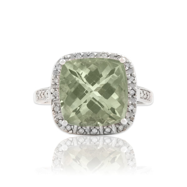 Vintage 14k White Gold 7.6ct Prasiolite Diamond Checkerboard Cocktail Ring 9.50