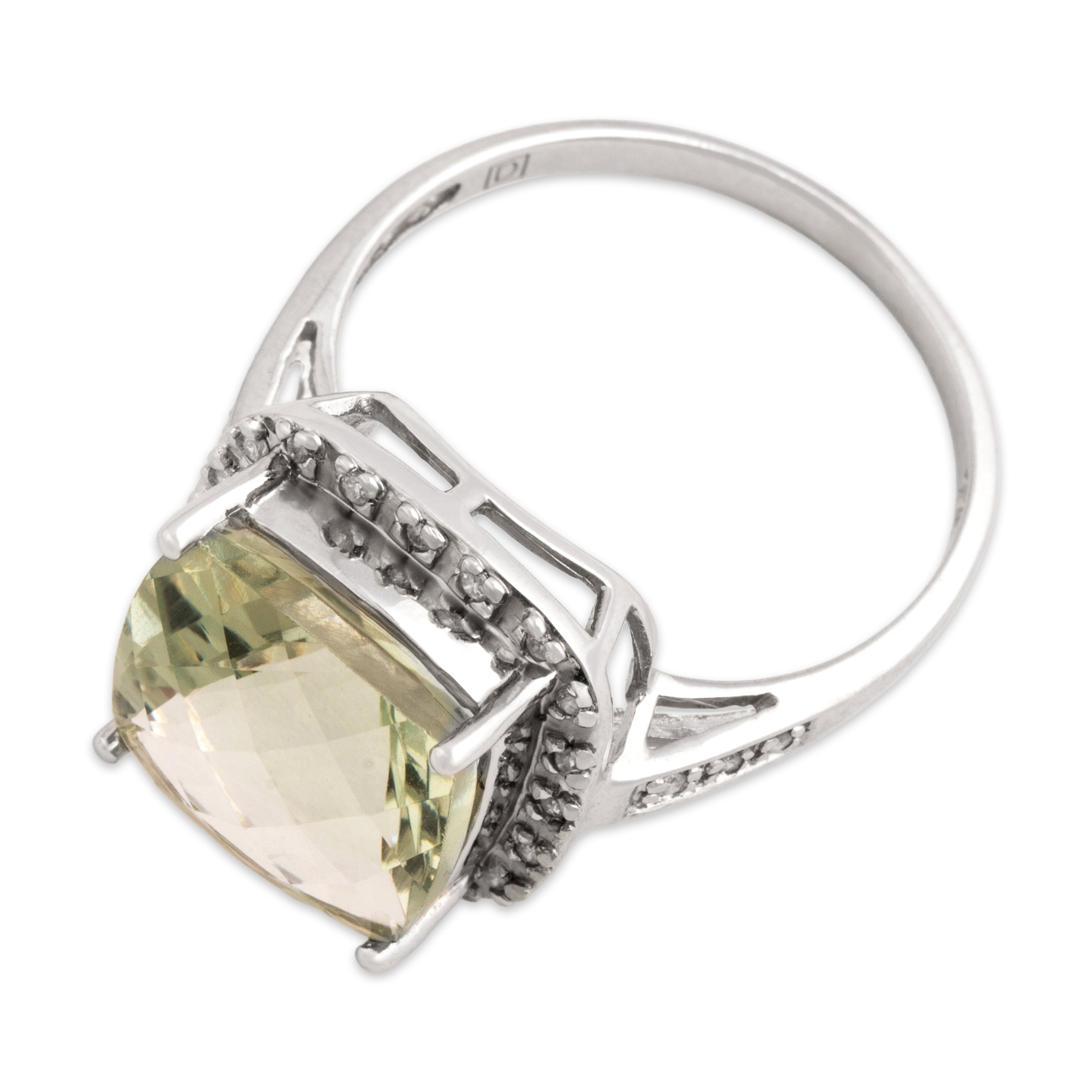 Vintage 14k White Gold 7.6ct Prasiolite Diamond Bold Checkerboard Cushion Cocktail Ring - Overall view