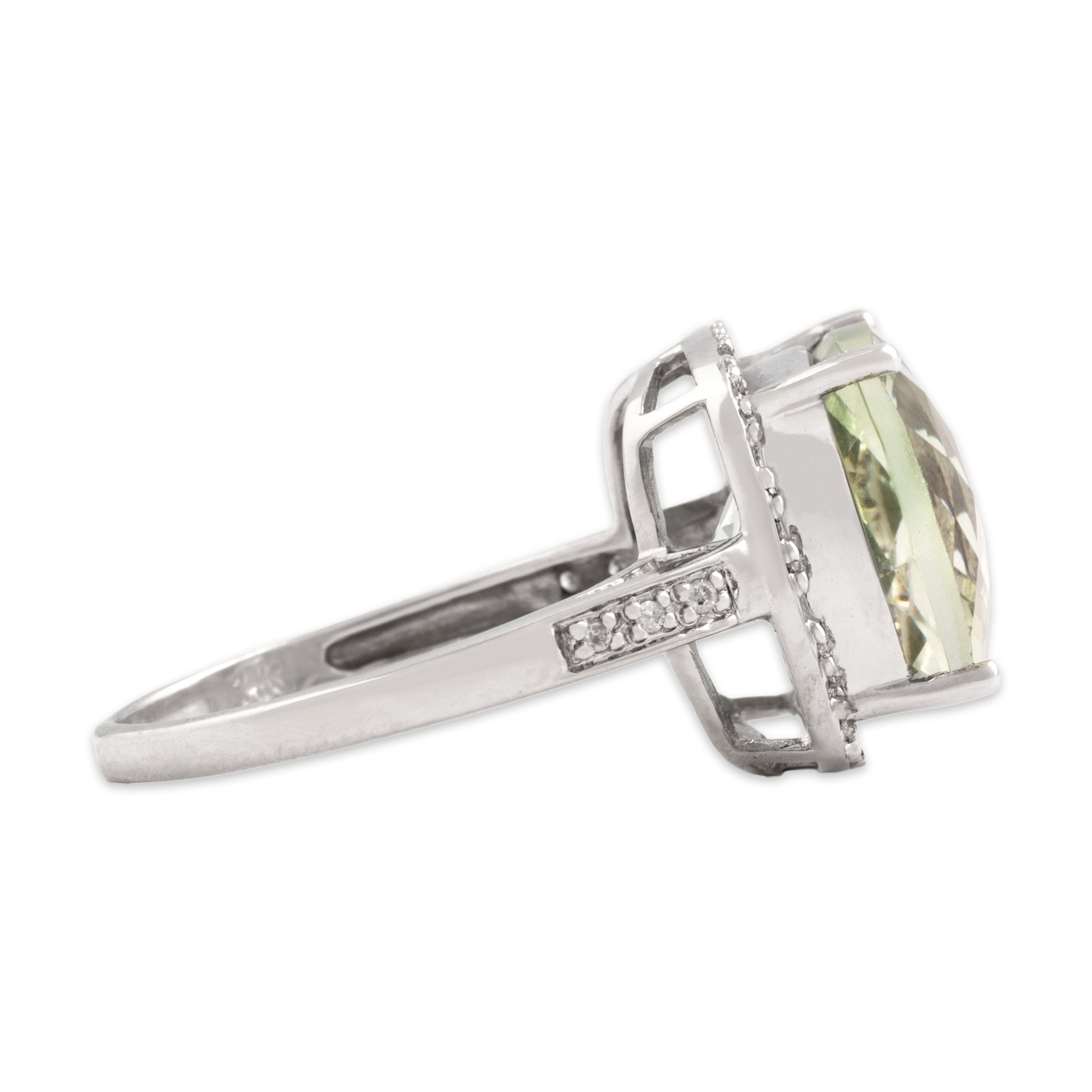 Vintage 14k White Gold 7.6ct Prasiolite Diamond Bold Checkerboard Cushion Cocktail Ring - Side view