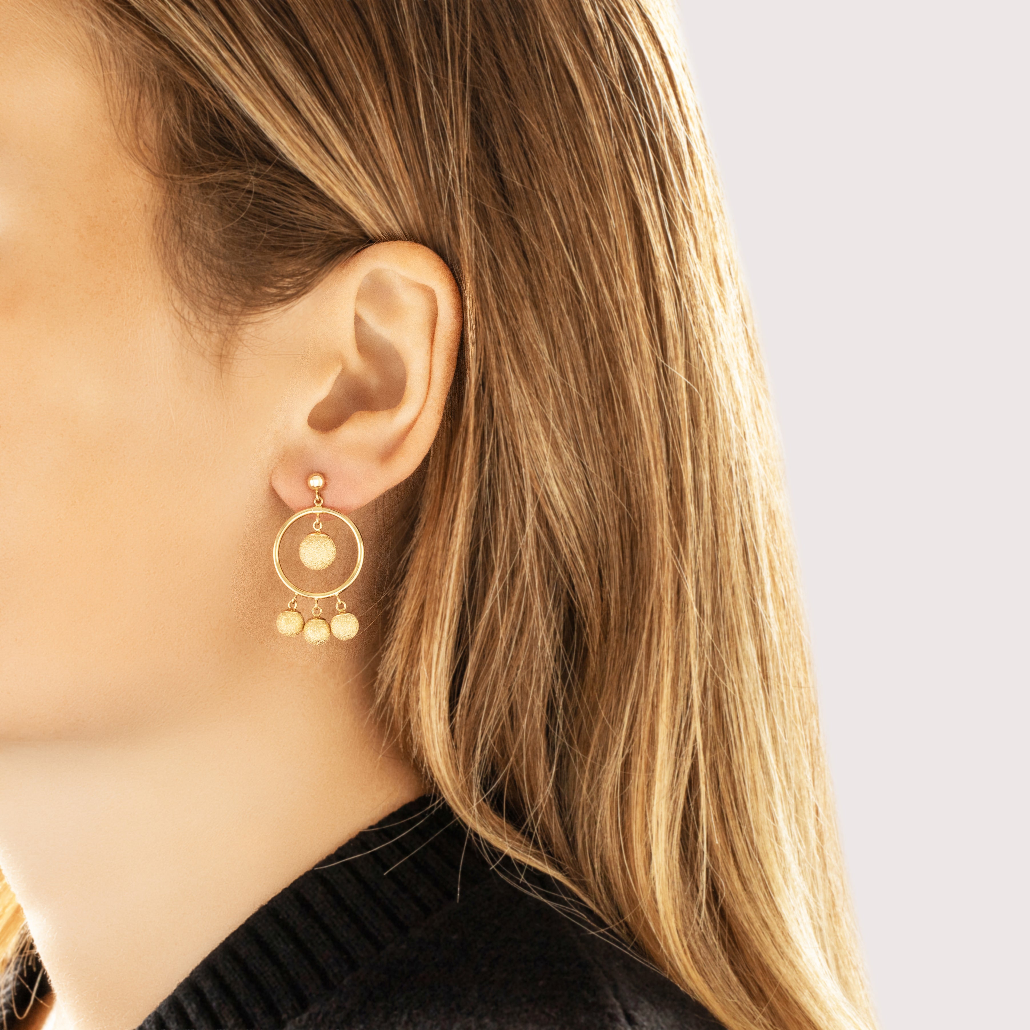 Vintage 14k Yellow Gold Glittering Textured Ball Dangle Earrings - On model view