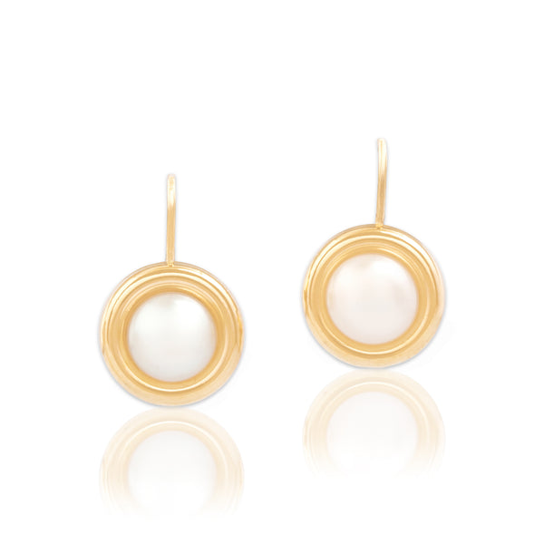 Vintage 14k Yellow Gold Pearl Luminous Button Lever Back Earrings