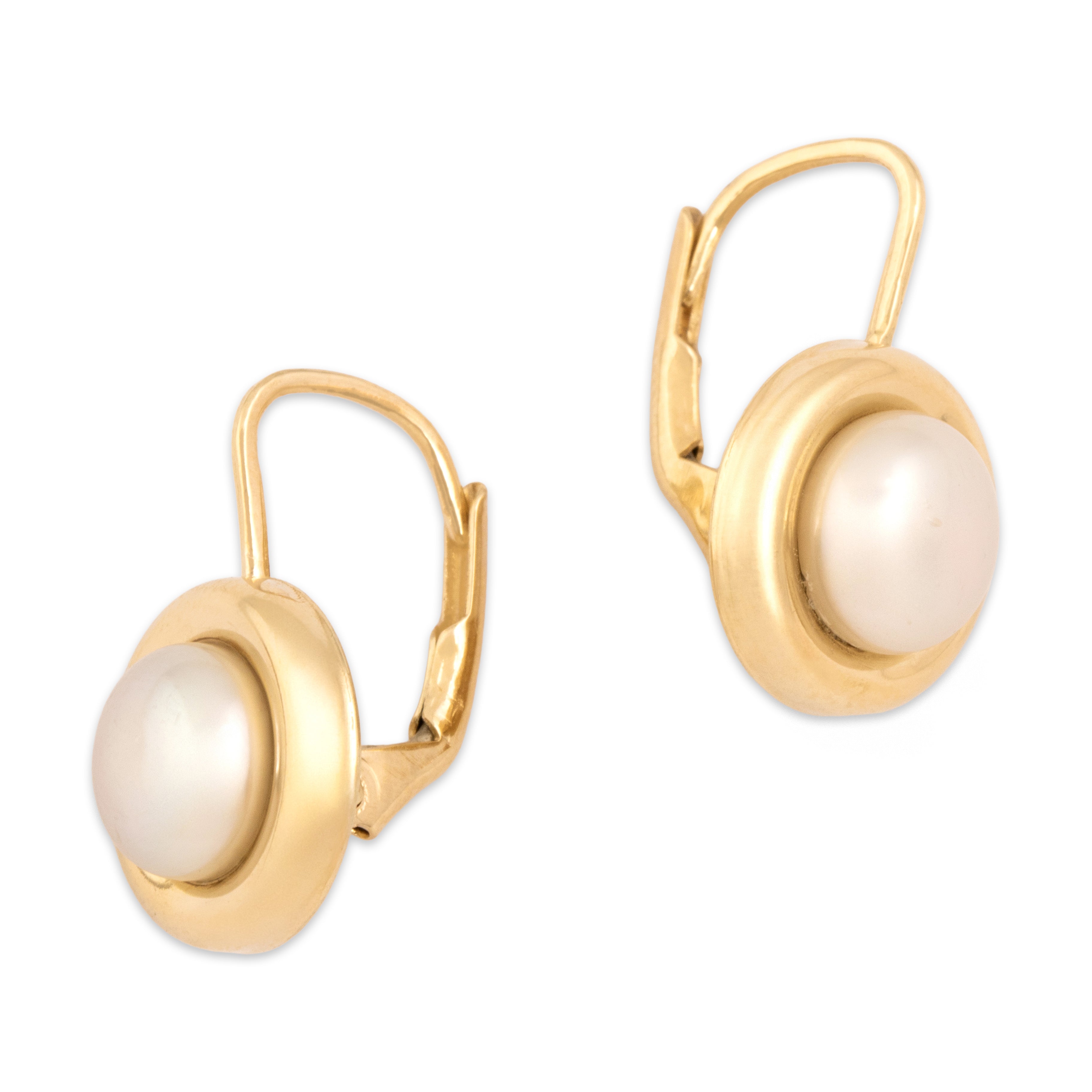 Vintage 14k Yellow Gold Pearl Luminous Button Lever Back Earrings - Side view