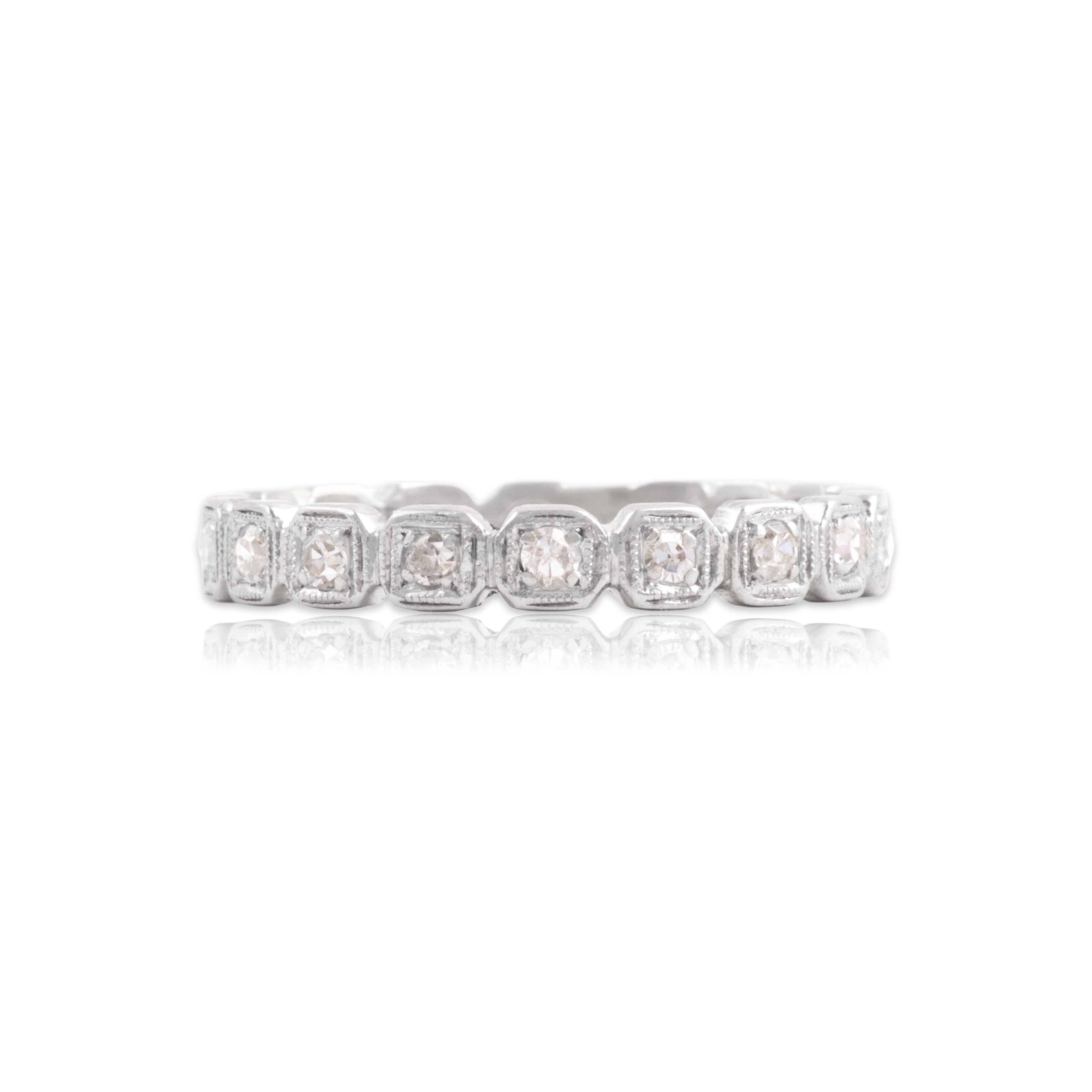 Antique Platinum Diamond Geometric Milgrain-Detail Eternity Band Ring 5.50