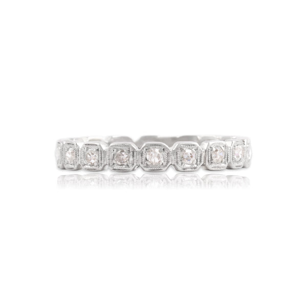 Antique Platinum Diamond Geometric Milgrain-Detail Eternity Band Ring 5.50