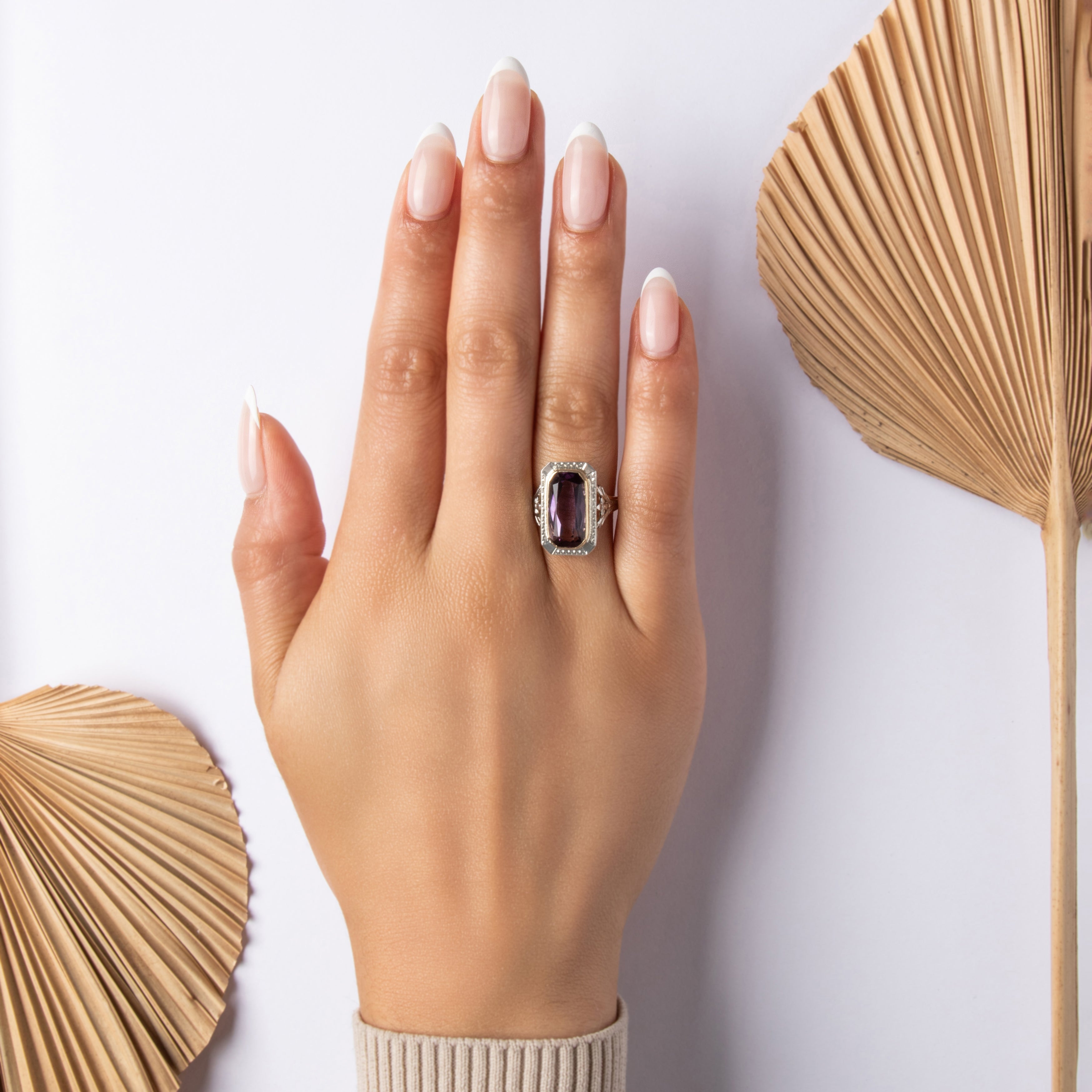 Antique Art Deco 10k Yellow Gold & 18k White Gold 5.45ct Amethyst Gleaming Elongated Decorated Ring - On model view