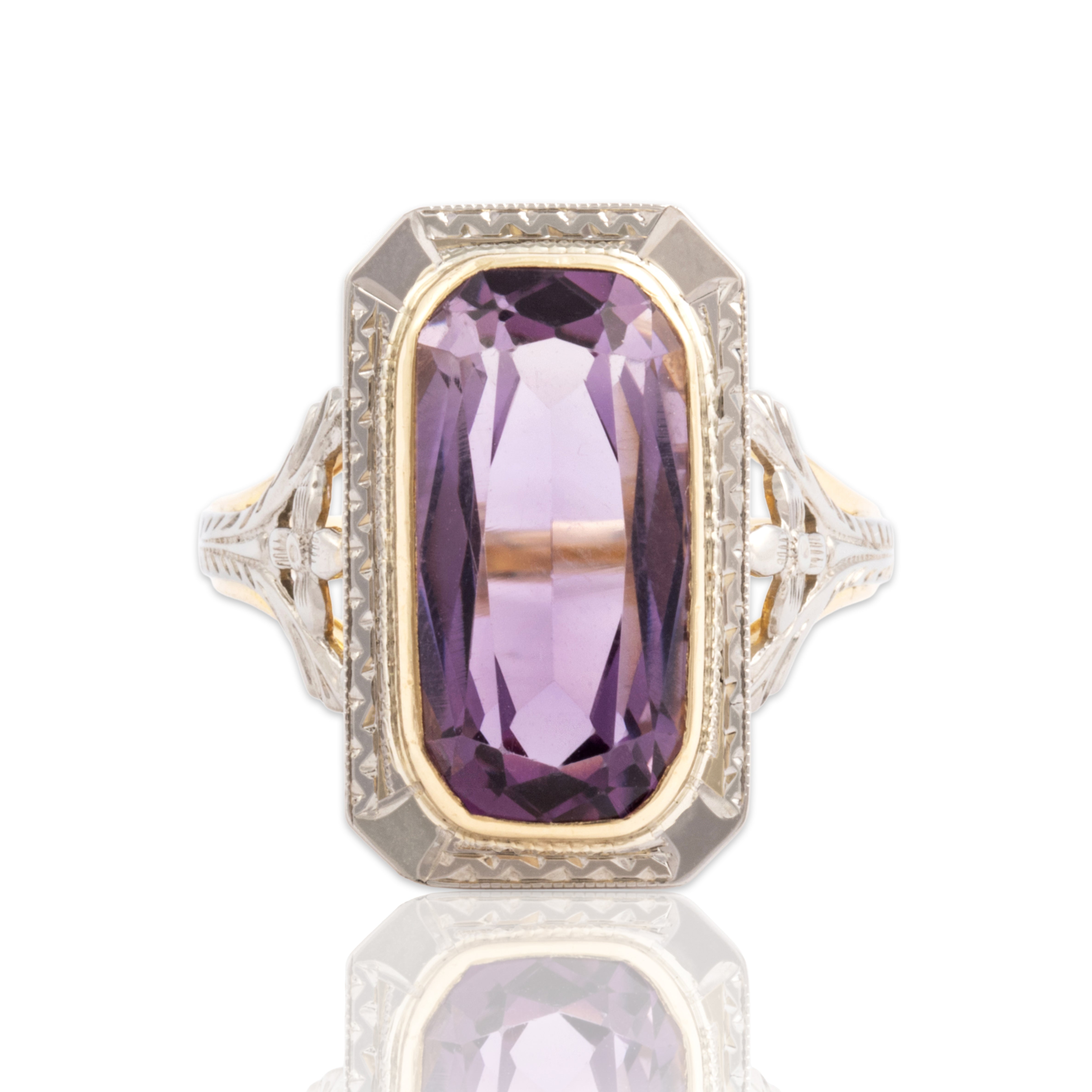 Antique Art Deco 10k Yellow Gold & 18k White Gold 5.45ct Amethyst Gleaming Elongated Decorated Ring - Close-up view