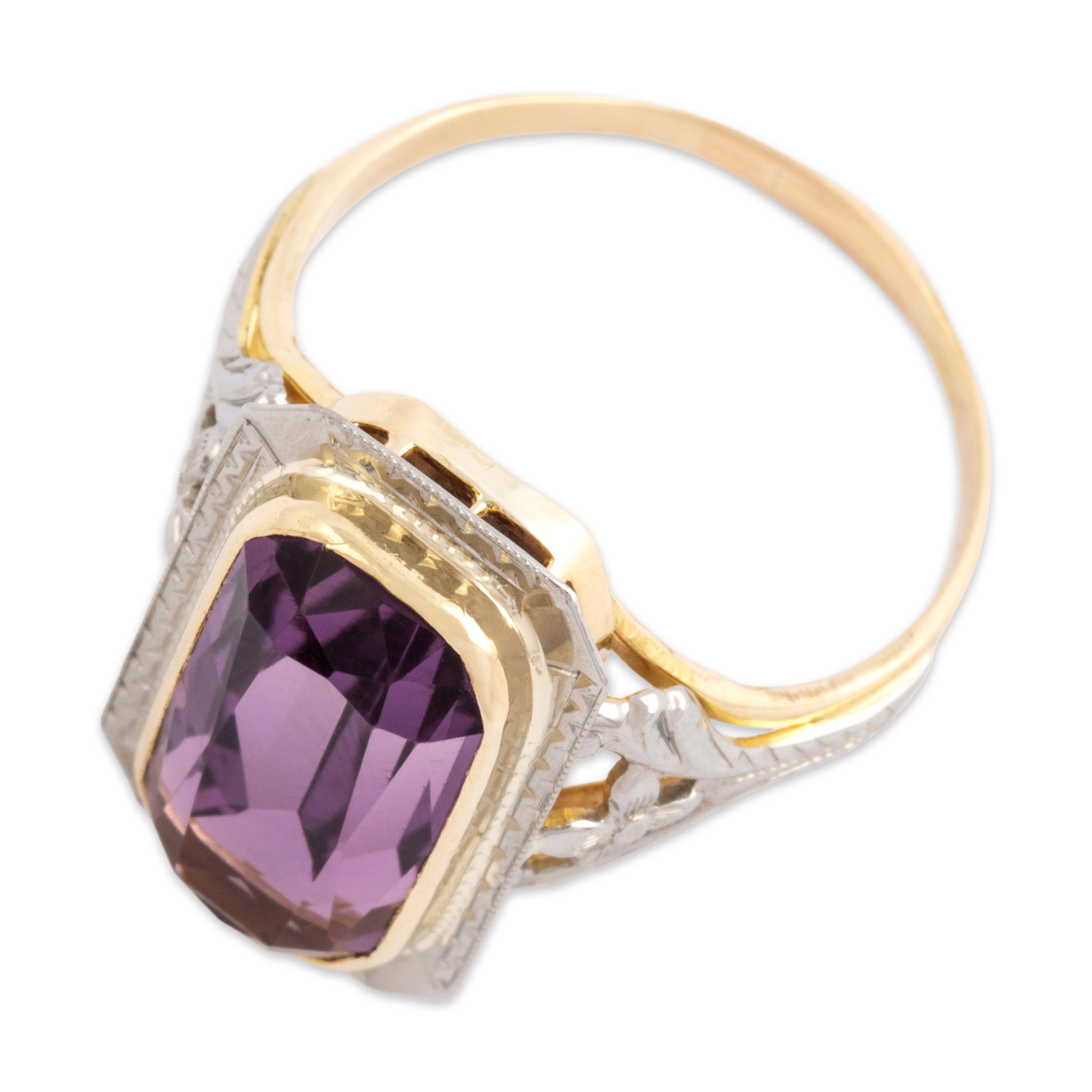 Antique Art Deco 10k Yellow Gold & 18k White Gold 5.45ct Amethyst Gleaming Elongated Decorated Ring - Overall view