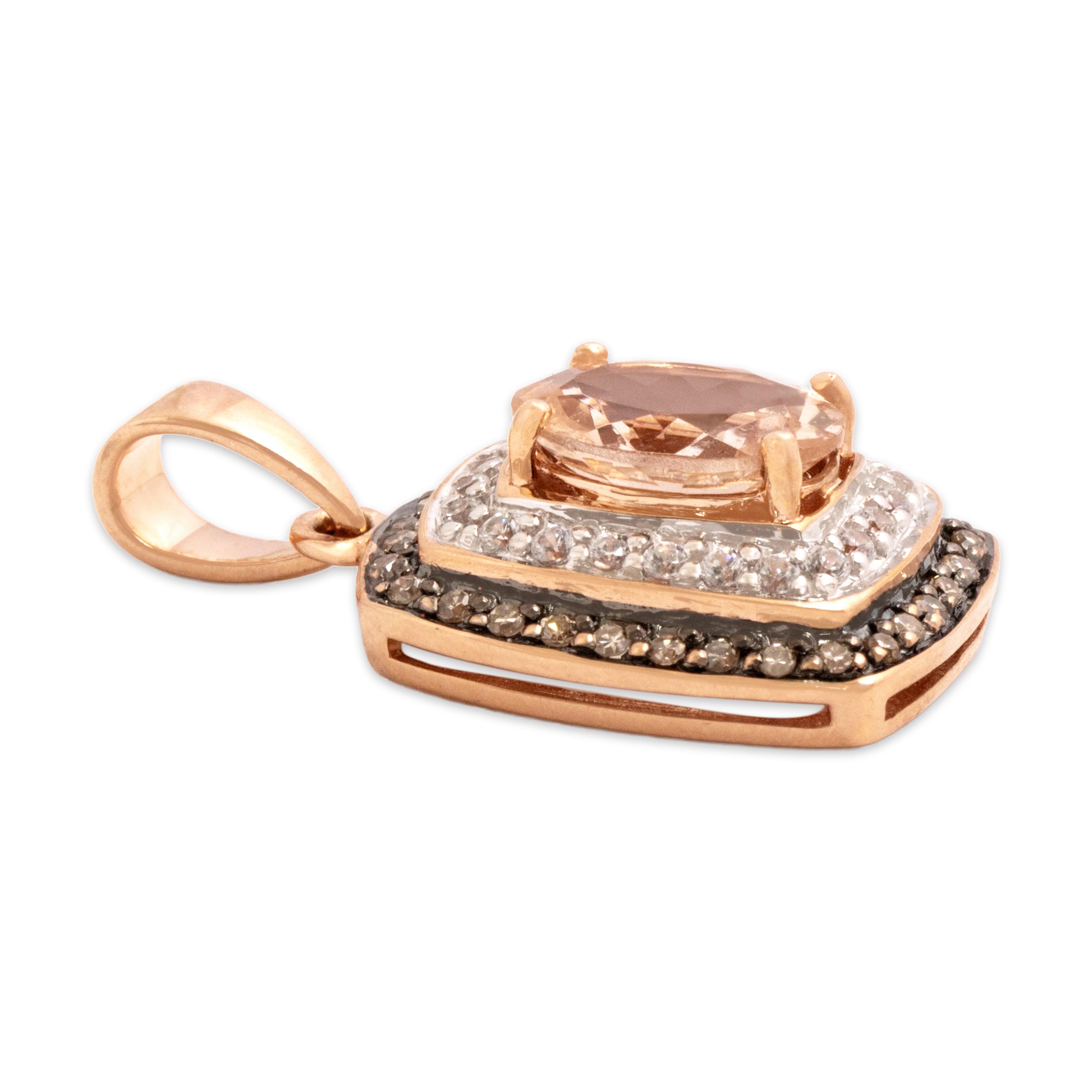 Vintage 10k Rose Gold 1.41ct Morganite Champagne Diamond White Diamond Lovely Double Halo Dangle Pendant - Side view