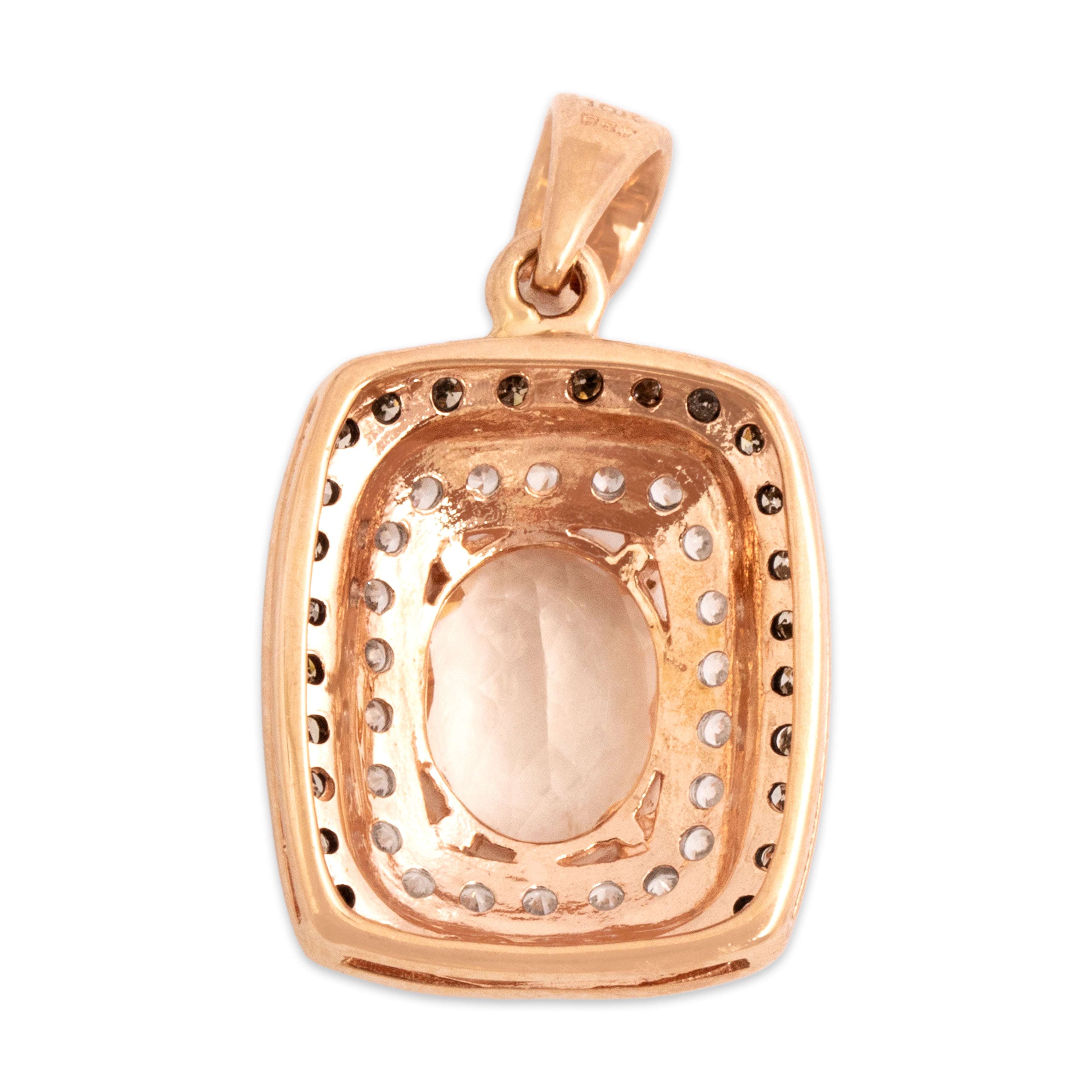 Vintage 10k Rose Gold 1.41ct Morganite Champagne Diamond White Diamond Lovely Double Halo Dangle Pendant - Back view