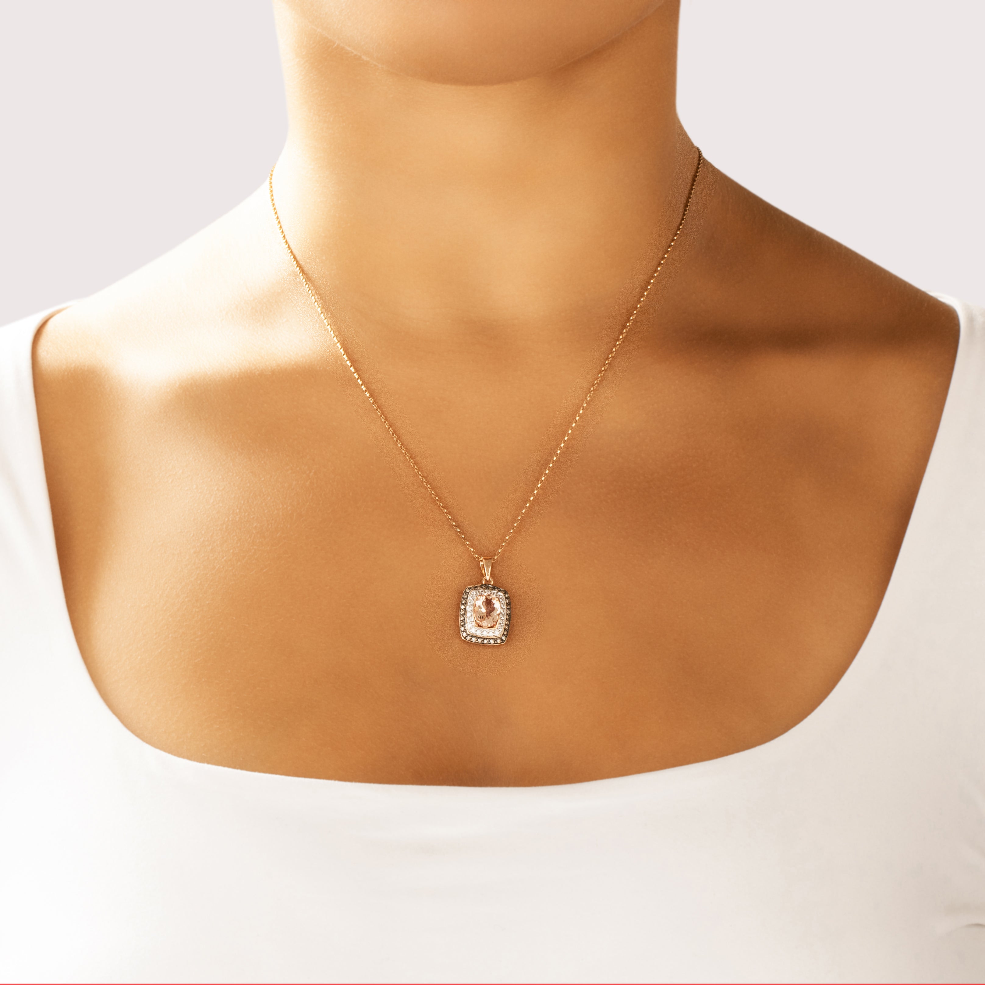 Vintage 10k Rose Gold 1.41ct Morganite Champagne Diamond White Diamond Lovely Double Halo Dangle Pendant - On model view