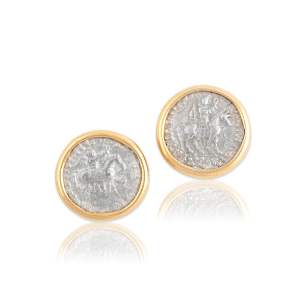 Estate 20k Yellow Gold Diamond Unusual Bezel-Set Classical Coin Stud Earrings