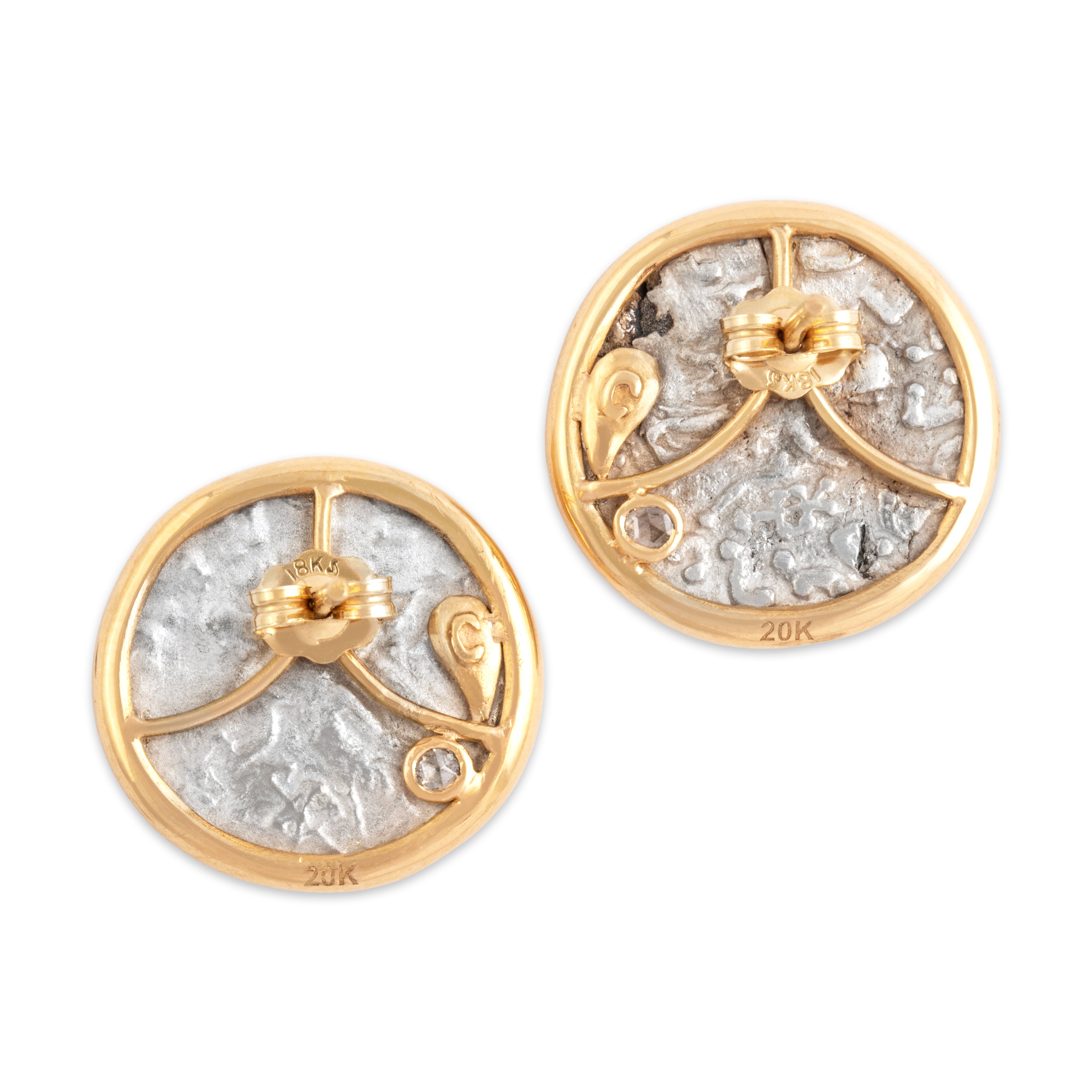 Estate 20k Yellow Gold Diamond Unusual Bezel-Set Classical Coin Stud Earrings - Back view