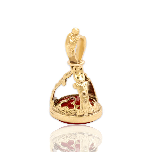 Antique 14k Yellow Gold 3.41ct Carnelian Ornate Crowned Watch Fob Pendant