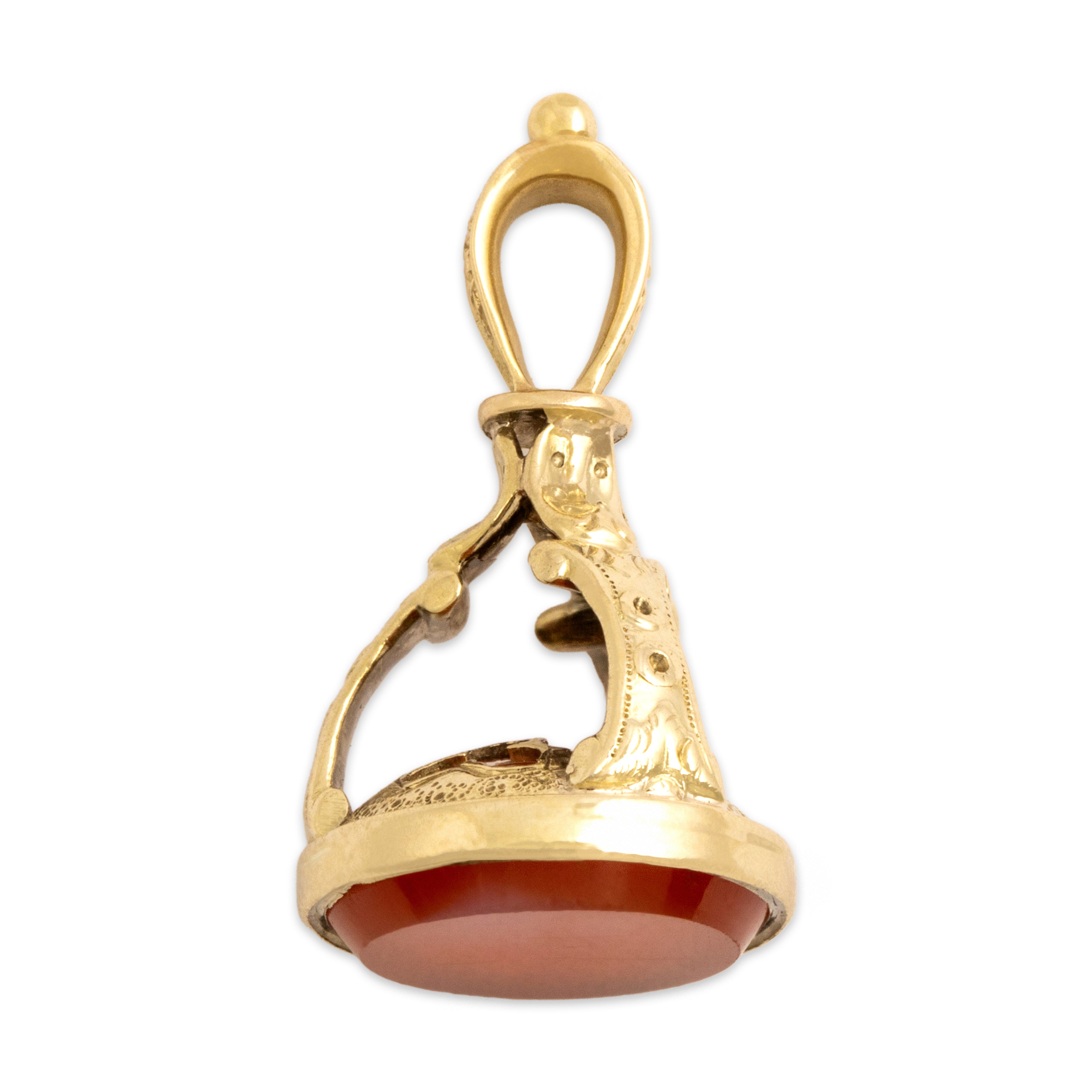 Antique 14k Yellow Gold 3.41ct Carnelian Ornate Crowned Watch Fob Pendant - detail view #1