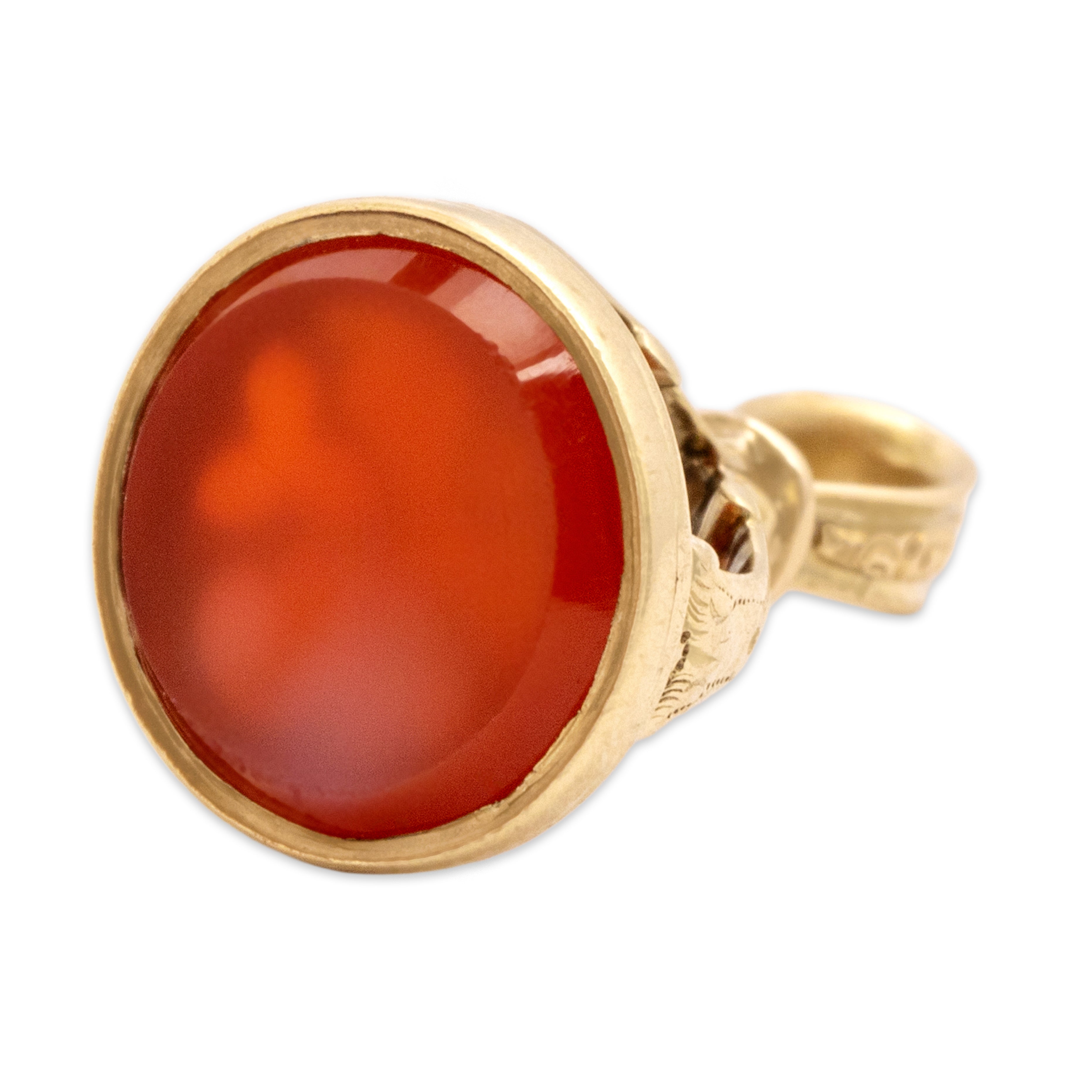 Antique 14k Yellow Gold 3.41ct Carnelian Ornate Crowned Watch Fob Pendant - detail view #3