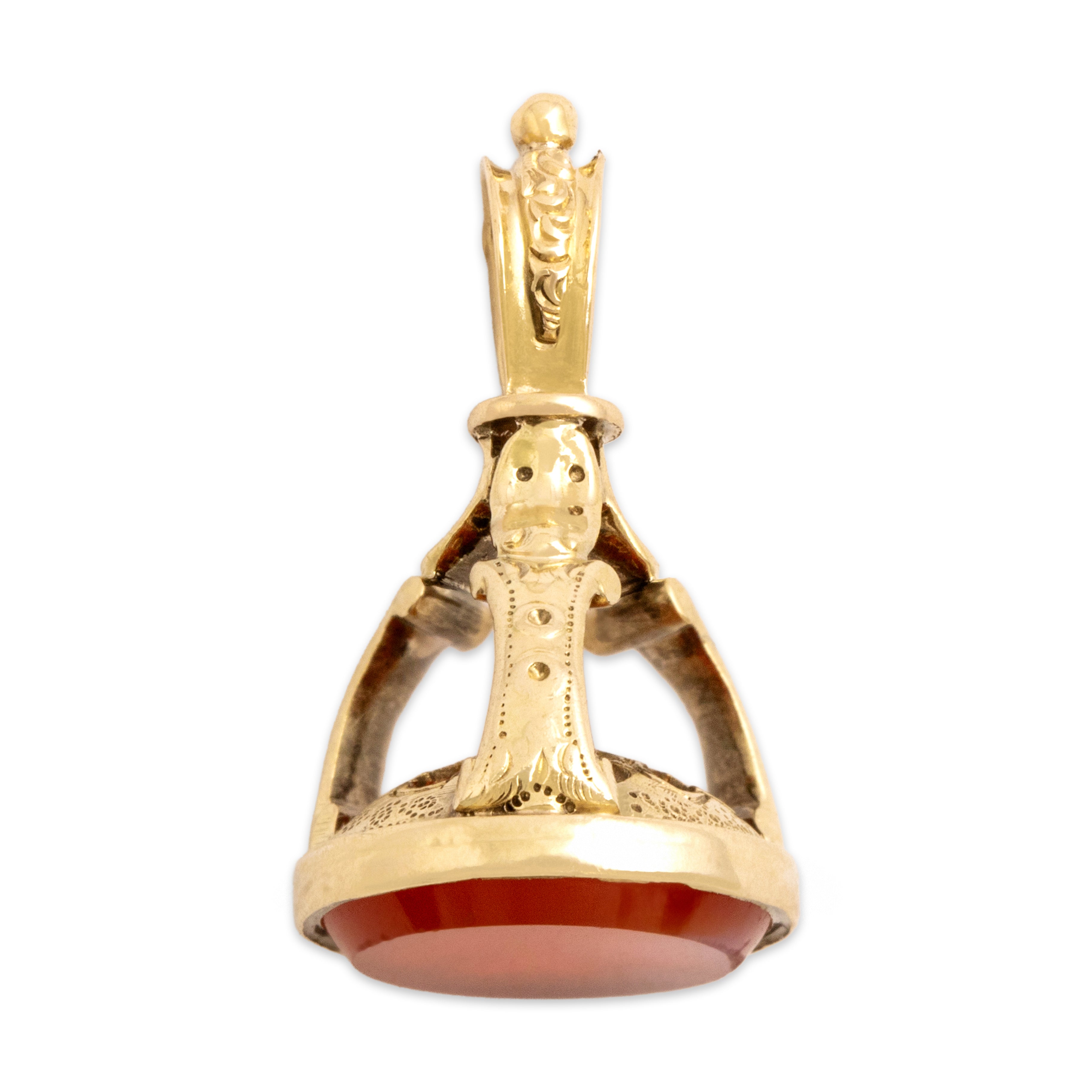 Antique 14k Yellow Gold 3.41ct Carnelian Ornate Crowned Watch Fob Pendant - Overall view