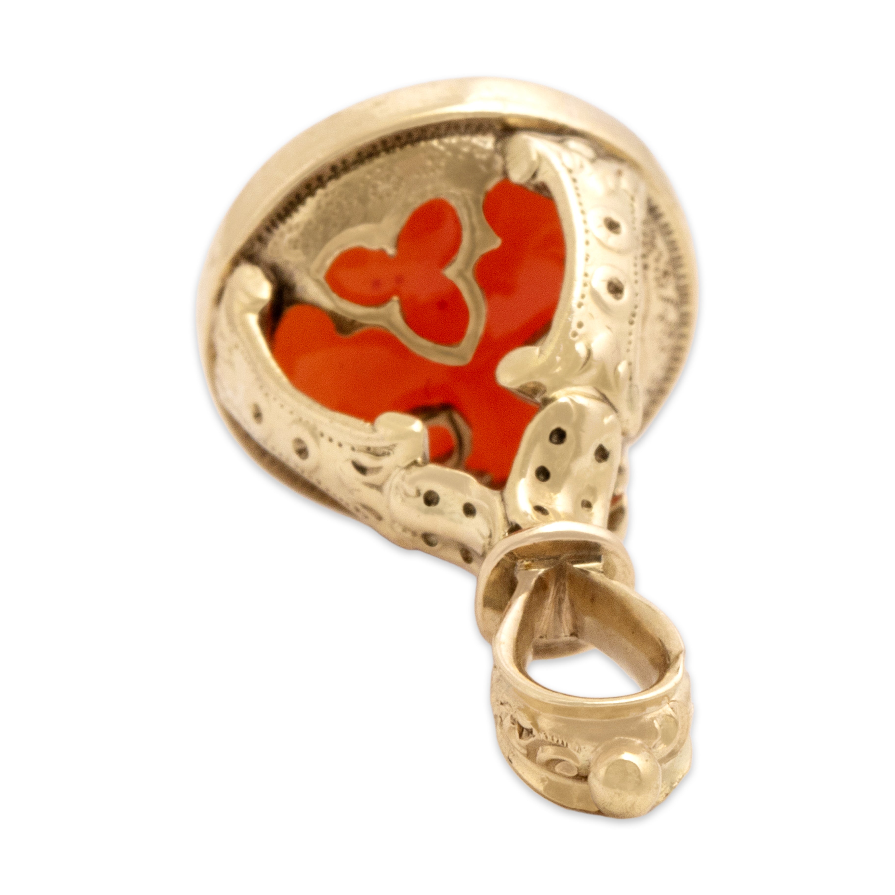 Antique 14k Yellow Gold 3.41ct Carnelian Ornate Crowned Watch Fob Pendant - detail view #2