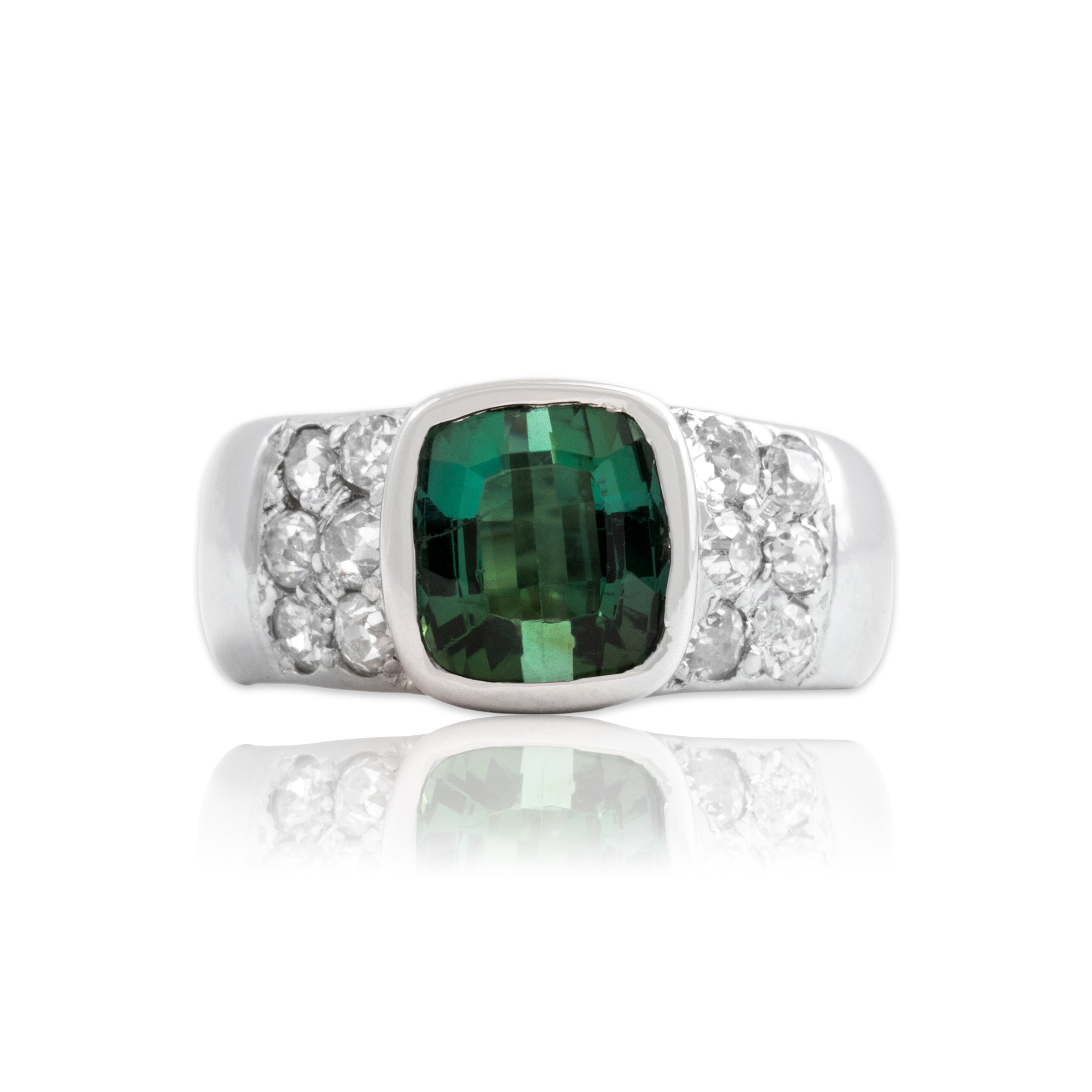 Vintage 14k White Gold 2.35ct Green Tourmaline .57cttw Old Mine Diamond Ring 6.50