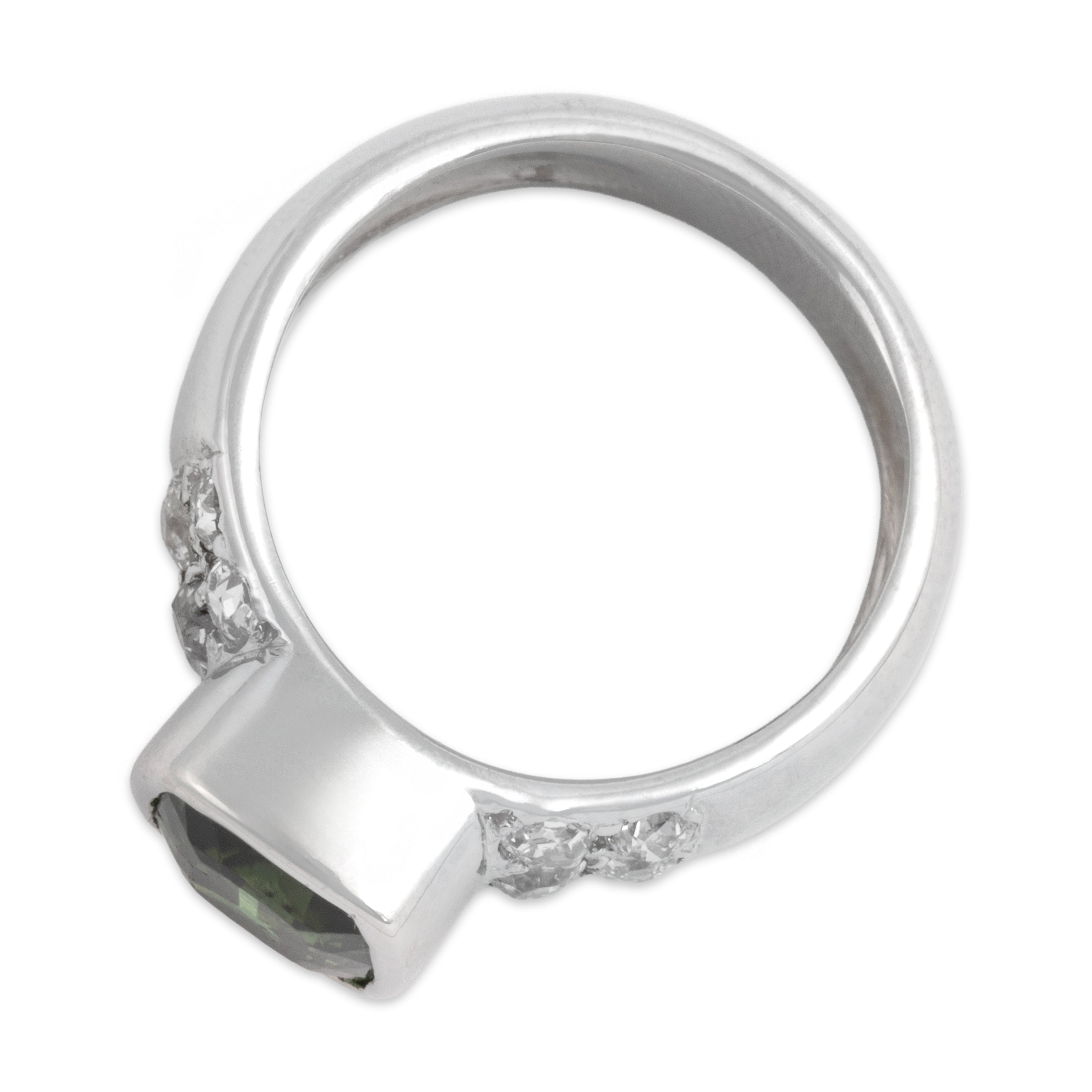 Vintage 14k White Gold 2.35ct Green Tourmaline .57cttw Old Mine Cut Diamond Fantastic Bezel-Set Ring - Overall view