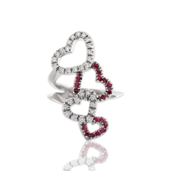 Vintage Large 18k White Gold Diamond Ruby Romantic Heart Stack Ring 7.50