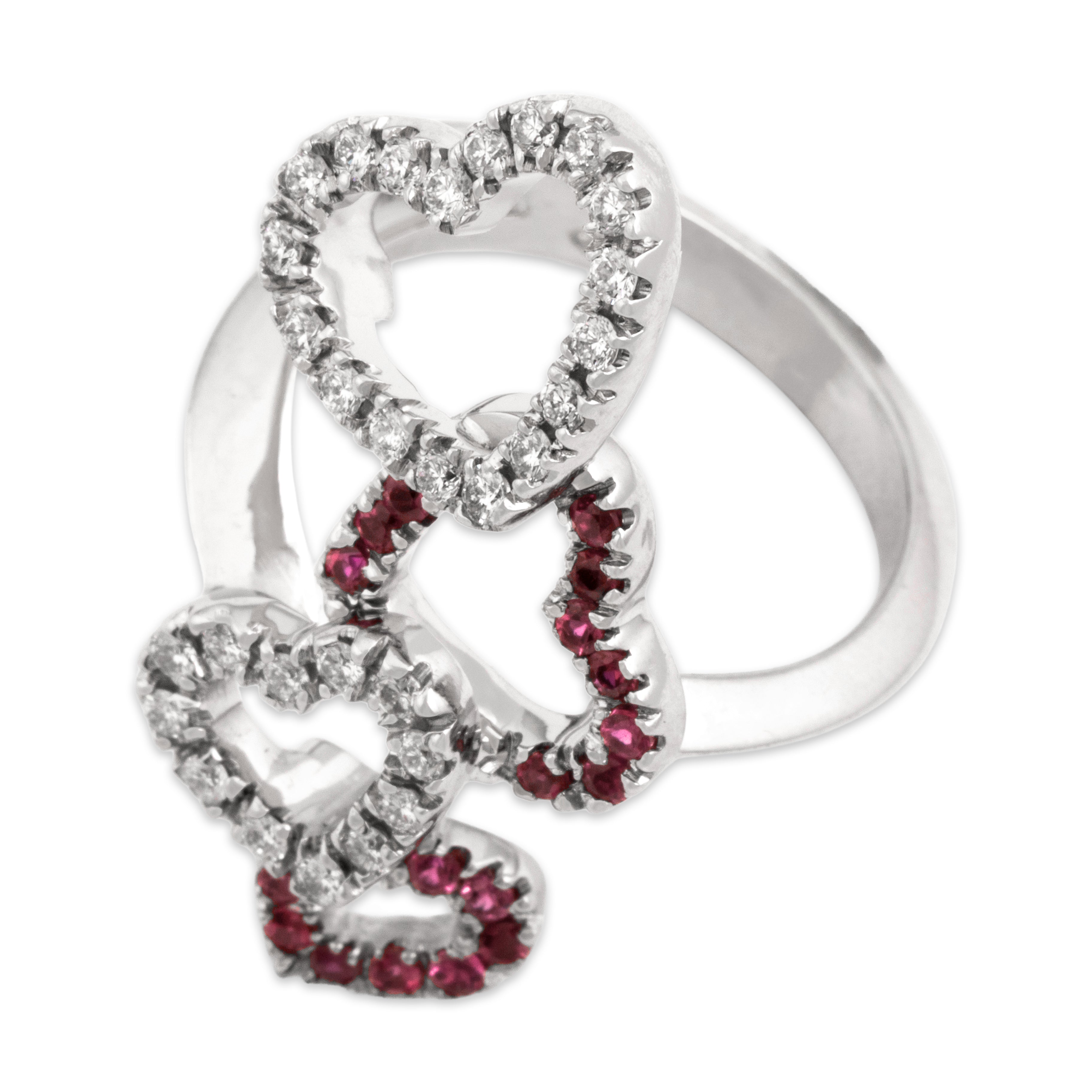 Vintage Large 18k White Gold Diamond Ruby Romantic Heart Stack Ring 7.50