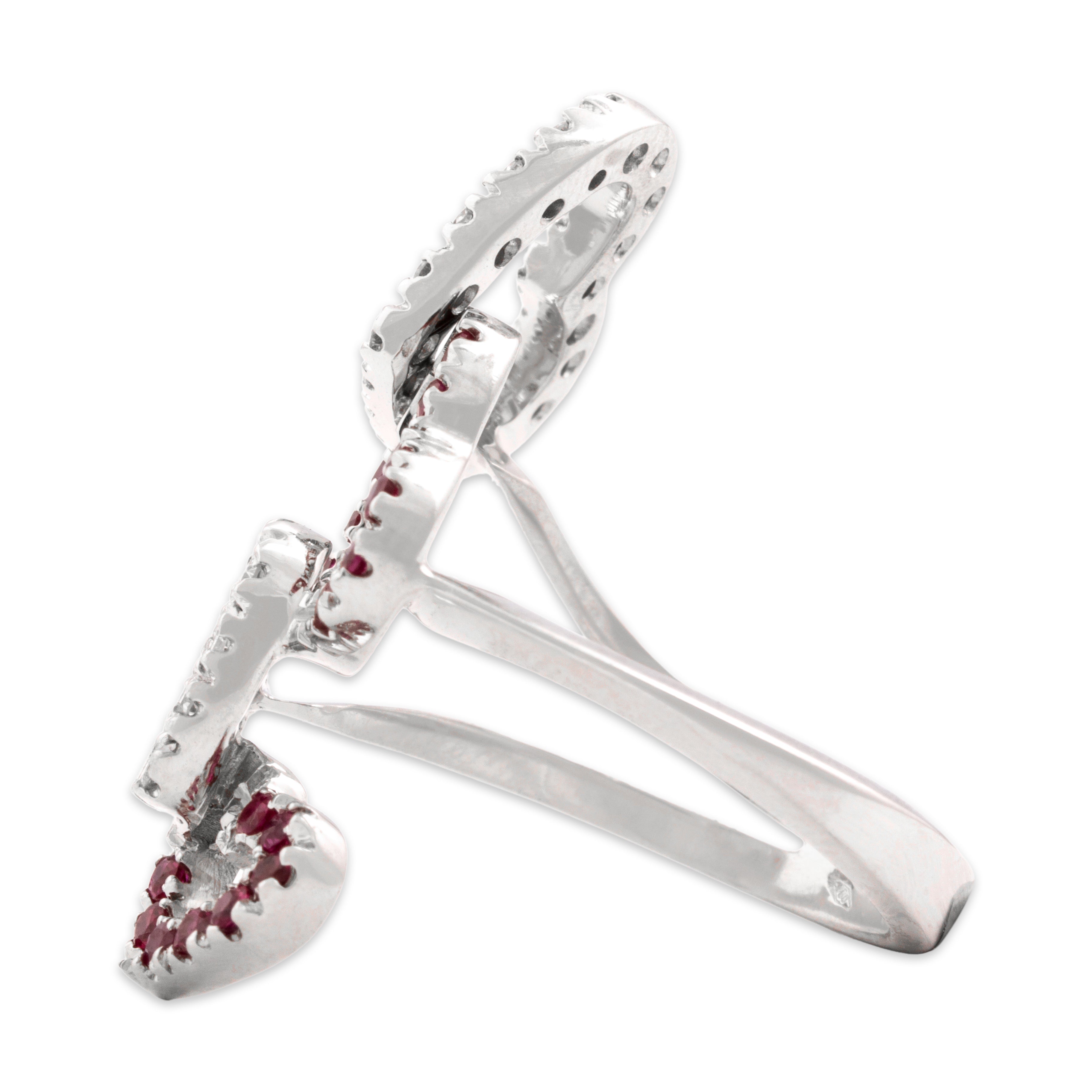 Vintage Large 18k White Gold Diamond Ruby Romantic Heart Stack Ring 7.50