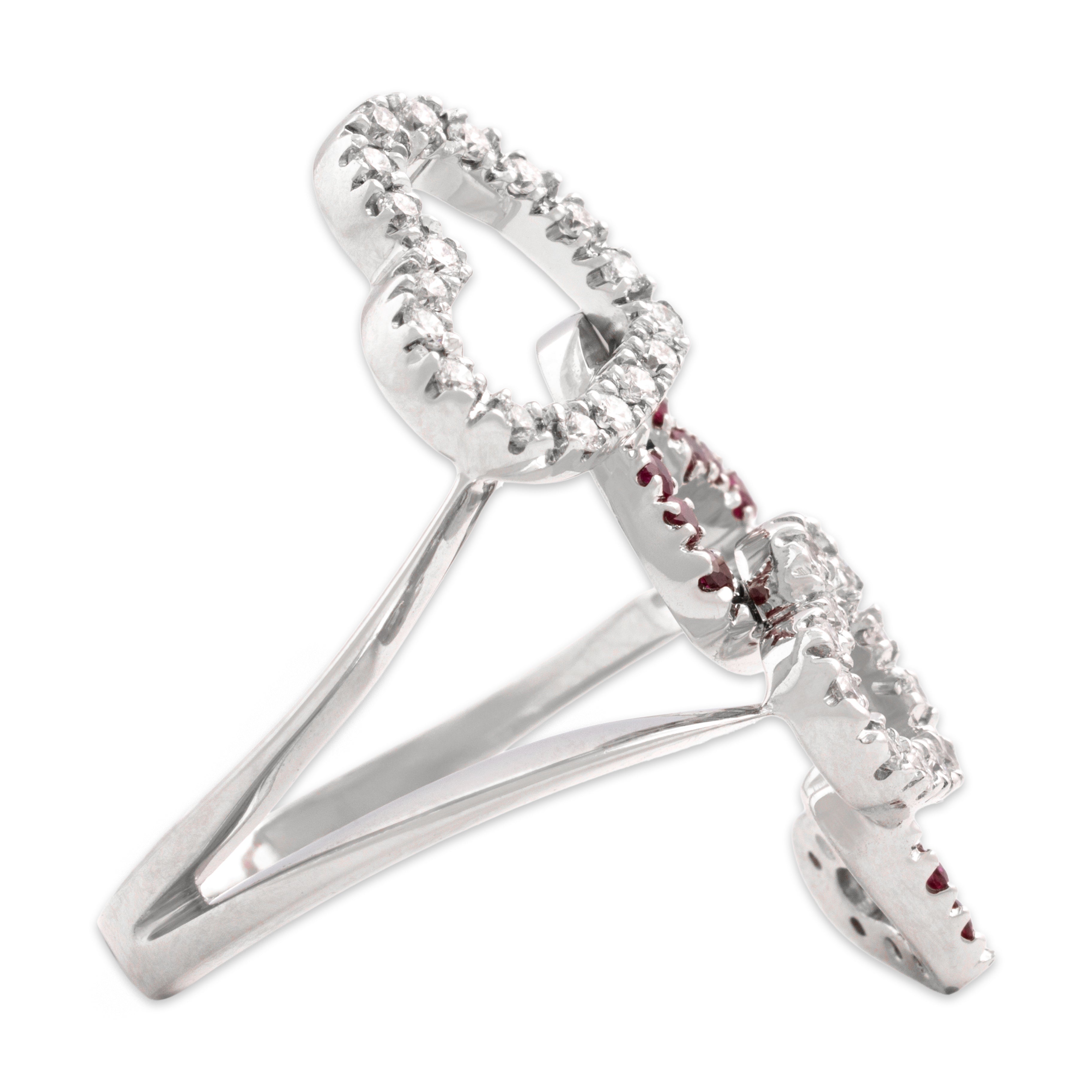 Vintage Large 18k White Gold Diamond Ruby Romantic Heart Stack Ring 7.50