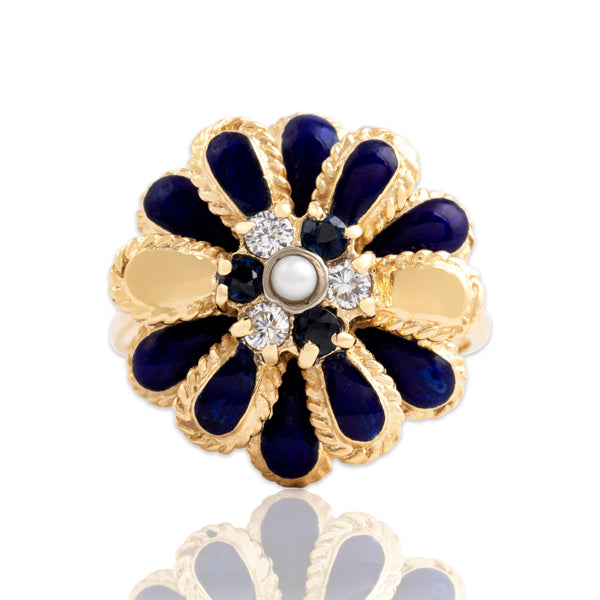 Vintage 18k Yellow Gold Blue Sapphire Diamond Pearl Navy Enamel Flower Ring 6.75